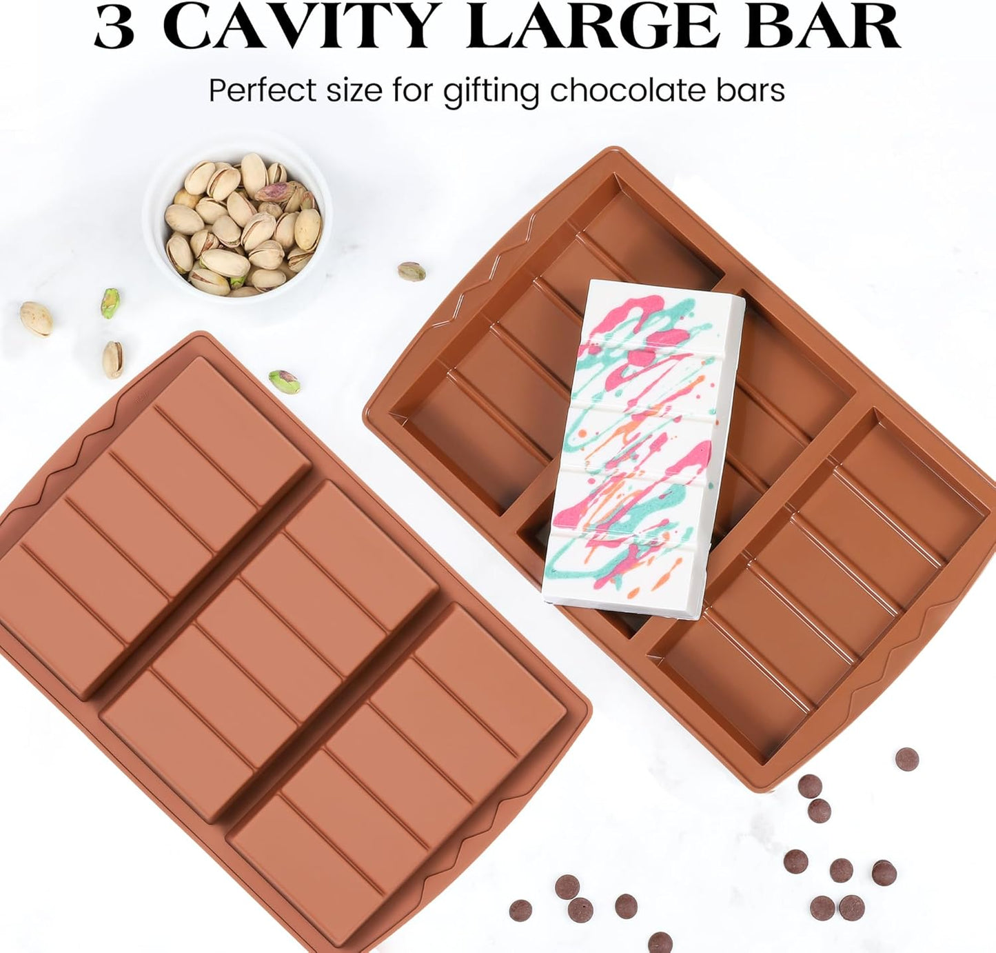 2 Pcs Chocolate Bar Mold Deep Dubai 0.85 Inch Stuffed Chocolate Molds Silicone Large Break Apart Silicone Molds (10 Snap + 5 Snap）