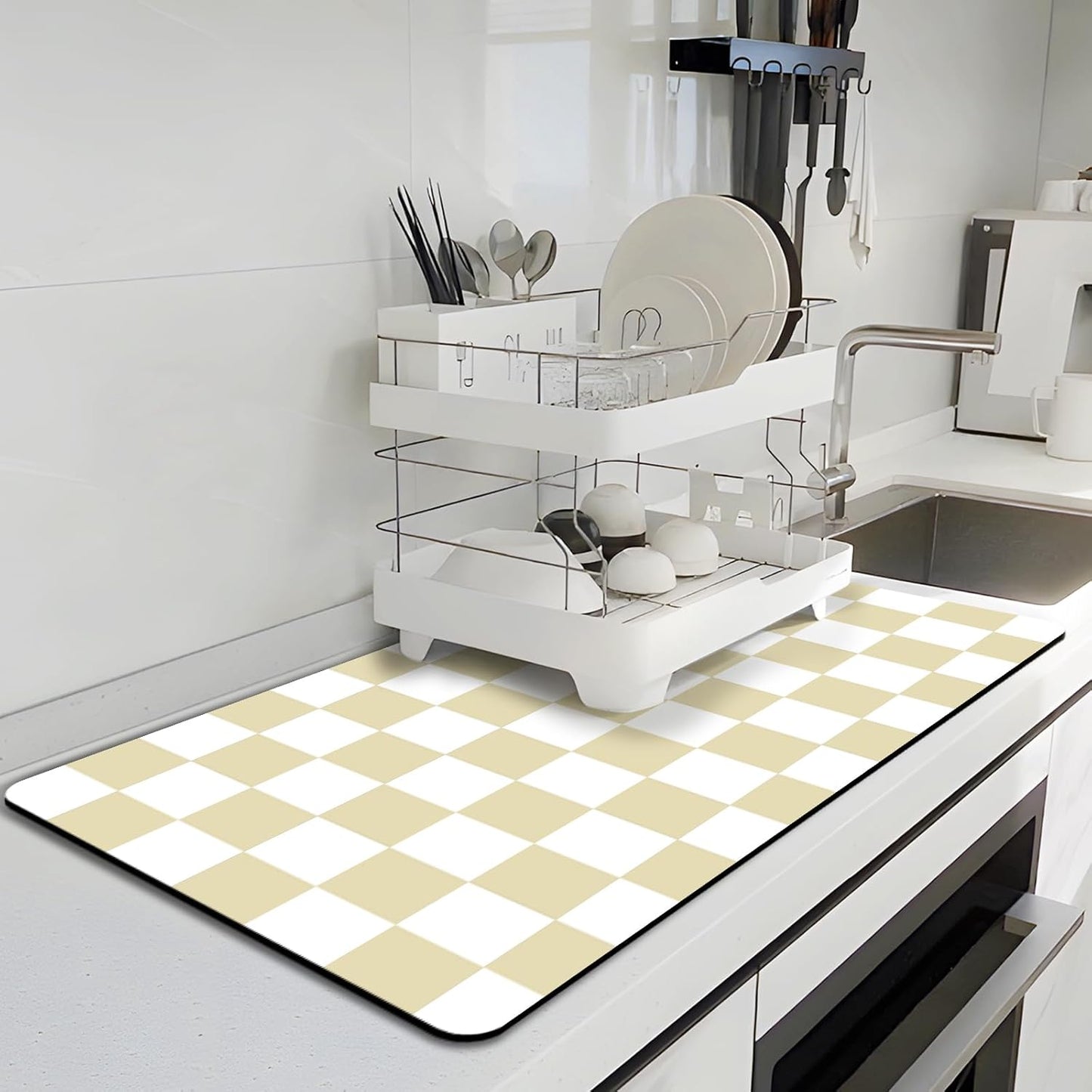 Checkered Dish Drying Mat for Kitchen, 15.7'' x 23.6'' Coffee Bar Mat for Countertops, Coffee Station Mats with Non-slip Rubber Backed, Absorbent Dish Dying Mat for Kitchen Counter, Beige & White