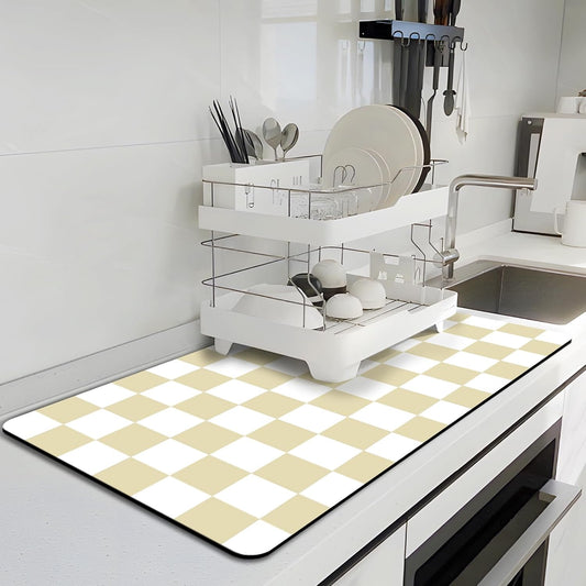 Dish Drying Mat for Kitchen Counter, 16.5¡¯¡¯ X 31.5¡¯¡¯ Absorbent Coffee Mat, Checkered Coffee Bar Mats for Espresso Machine Station, Hides Stains, Rubber Backed Dish Drying Pad, Beige & White