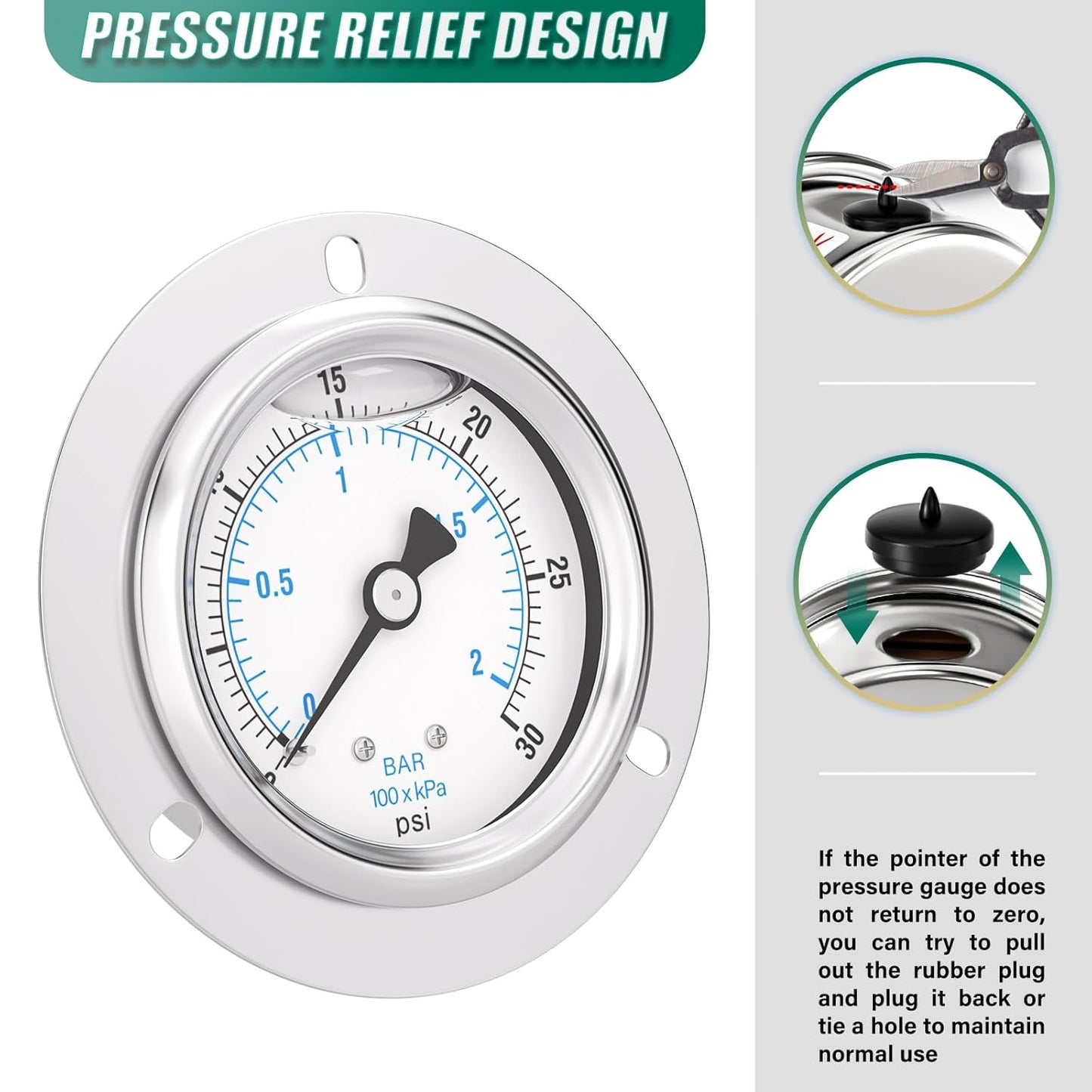 0-30PSI Panel Mount Front Flanged Glycerin Filled Pressure Gauge, 2.5" Dial Size, 1/4" MNPT Back Mount, Stainless Steel Case, with Phillips Screw and Nut, for Water, Gas, Liquid Pressure