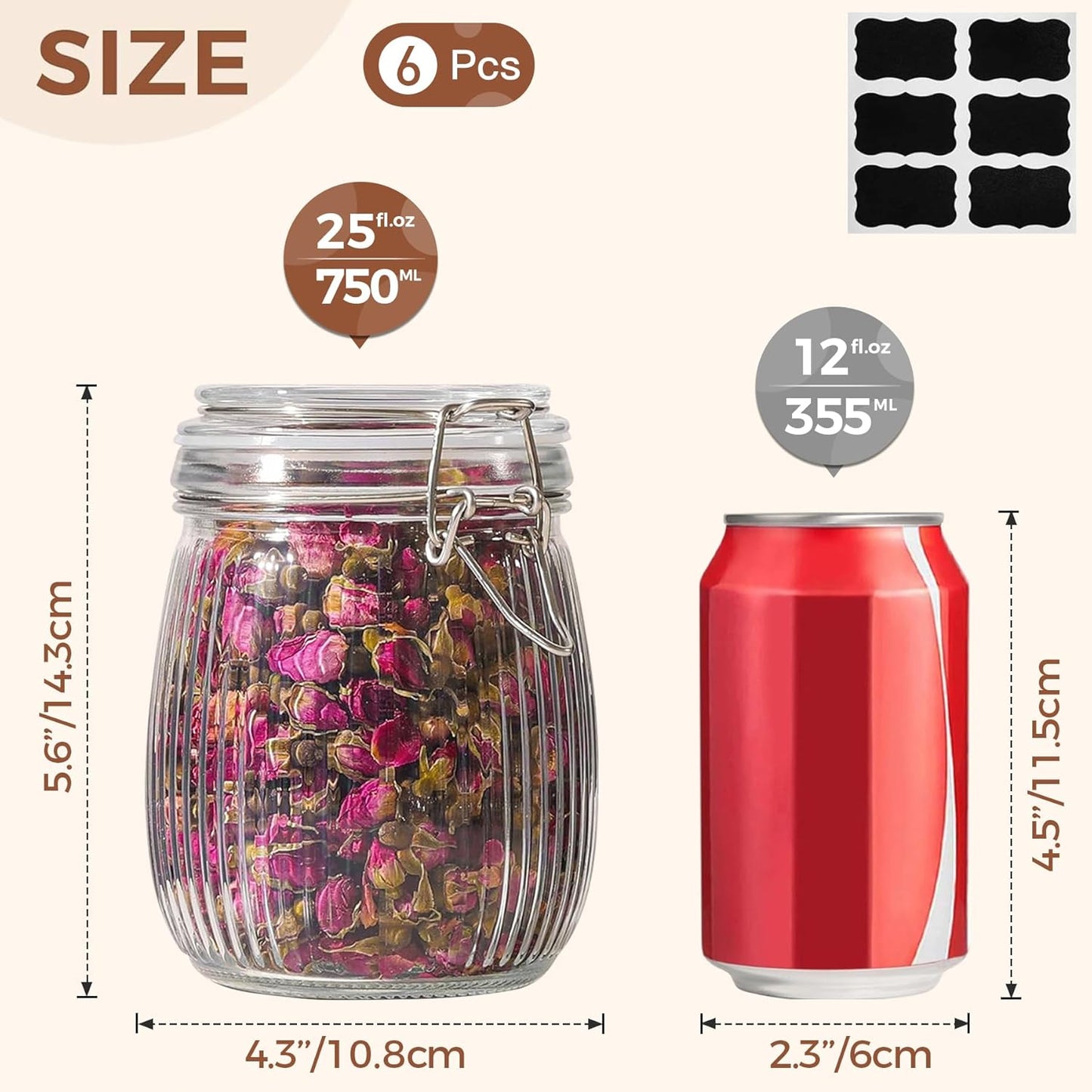 ComSaf Airtight Glass jar with lid 26oz Set of 6, Glass Storage Containers with Lids, Glass Canister, Mason Jars, Striped Clip Fastening Jar for Kitchen Canning, Oat, Coffee, Pasta, Snack, Nut, Candy