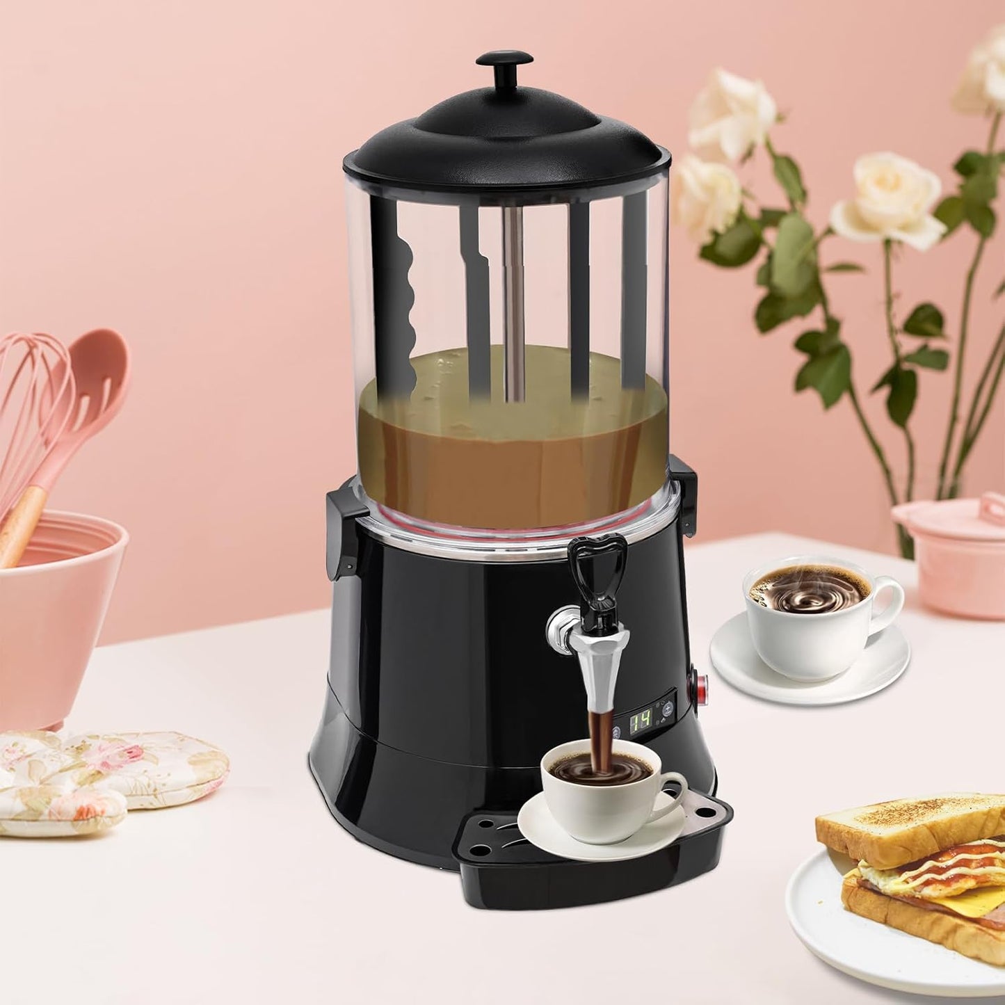 10L Commercial Hot Chocolate Machine Maker,110V Hot Chocolate Melting Machine,Temperature Adjustable Hot Beverage Warmer Dispenser for Chocolate Coffee Milktea (Black)