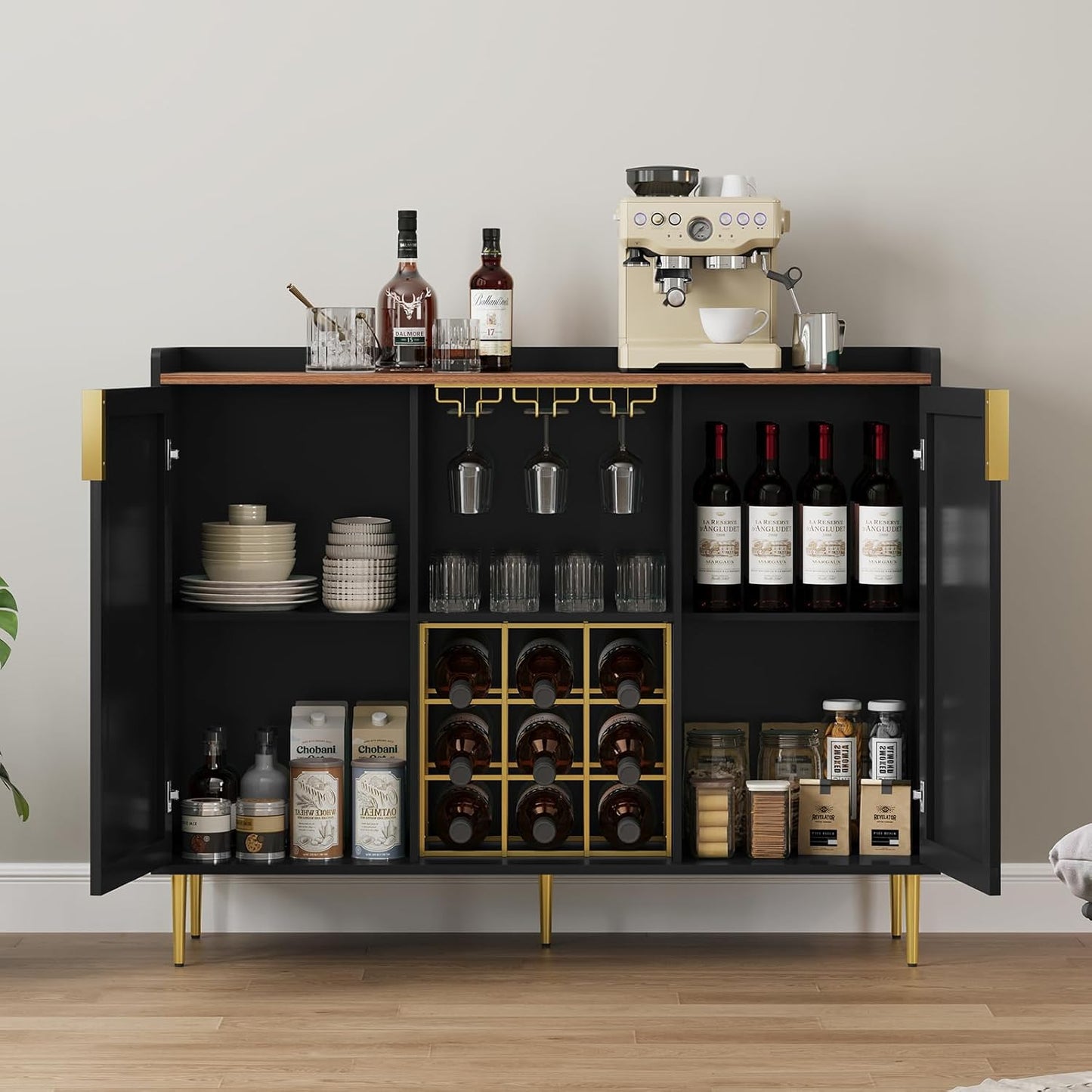 ARTPOWER 48" Wine Bar Cabinet with Fluted Texture, Modern Buffet Sideboard with Wine Rack and Glass Holder, Liquor Coffee Station with Storage for Kitchen, Living Room, Home Bar, Black