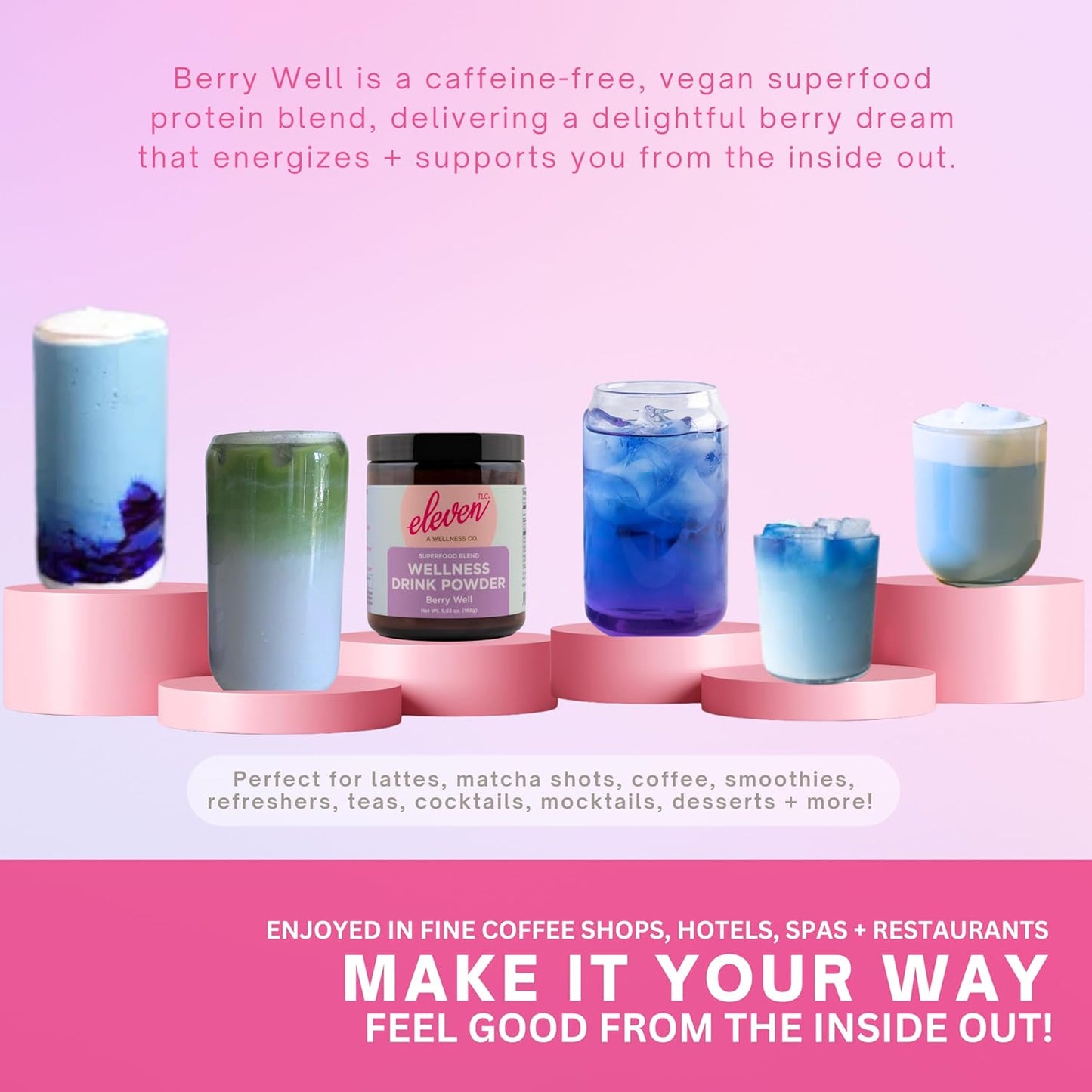 Eleven TLC, Berry Well Superfood Drink Mix, Lattes, Smoothies, Refreshers, Tea, Superfood Berry Antioxidant Support with Blue Butterfly Pea Flower, BlueSpirulina, Maca, Inulin Pre-Biotic, 21 Servings