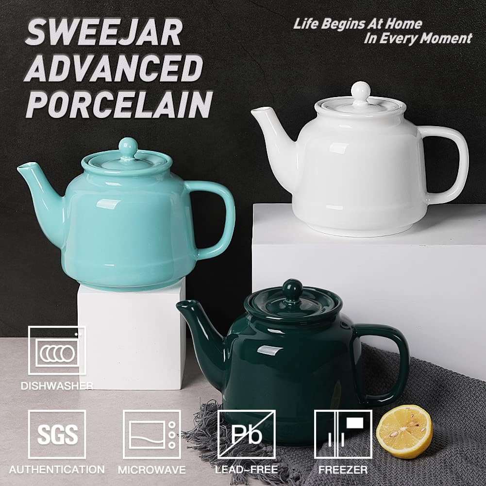 Sweejar 35 oz Porcelain Tea Pot, Teapot with Removable 18/8 Stainless Steel Infuser, Microwave & Dishwasher Safe Tea Maker, Tea Infuser Pots for Blooming loose Leaf Tea,Chrismas Women Gift(White)