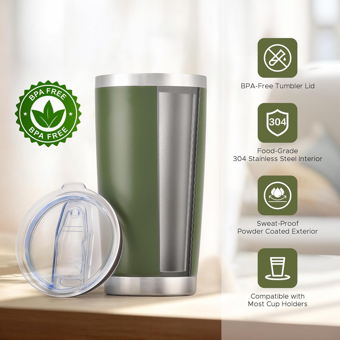 OMTech 20oz Tumblers Bulk, 12pc Stainless Steel Tumbler Set with Lid & Straw, Double Wall Vacuum Insulated Mug for Laser Engraver, Travel Coffee Mug for Hot & Cold Drinks, Army Green Powder Coated Cup