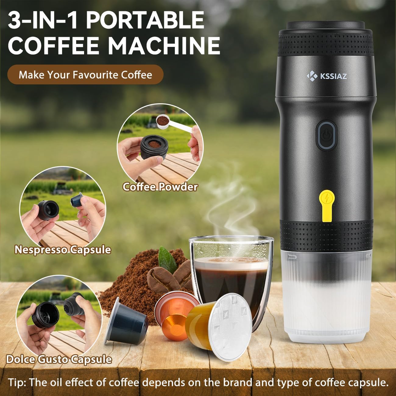 Portable Espresso Machines, Electric Espresso Maker with Self-Heating, USB-C & Car Charger, 20 Bar Mini Coffee Maker With NS Capsule & Ground Coffee for Camping, Hiking, Travel, Office, Blcak