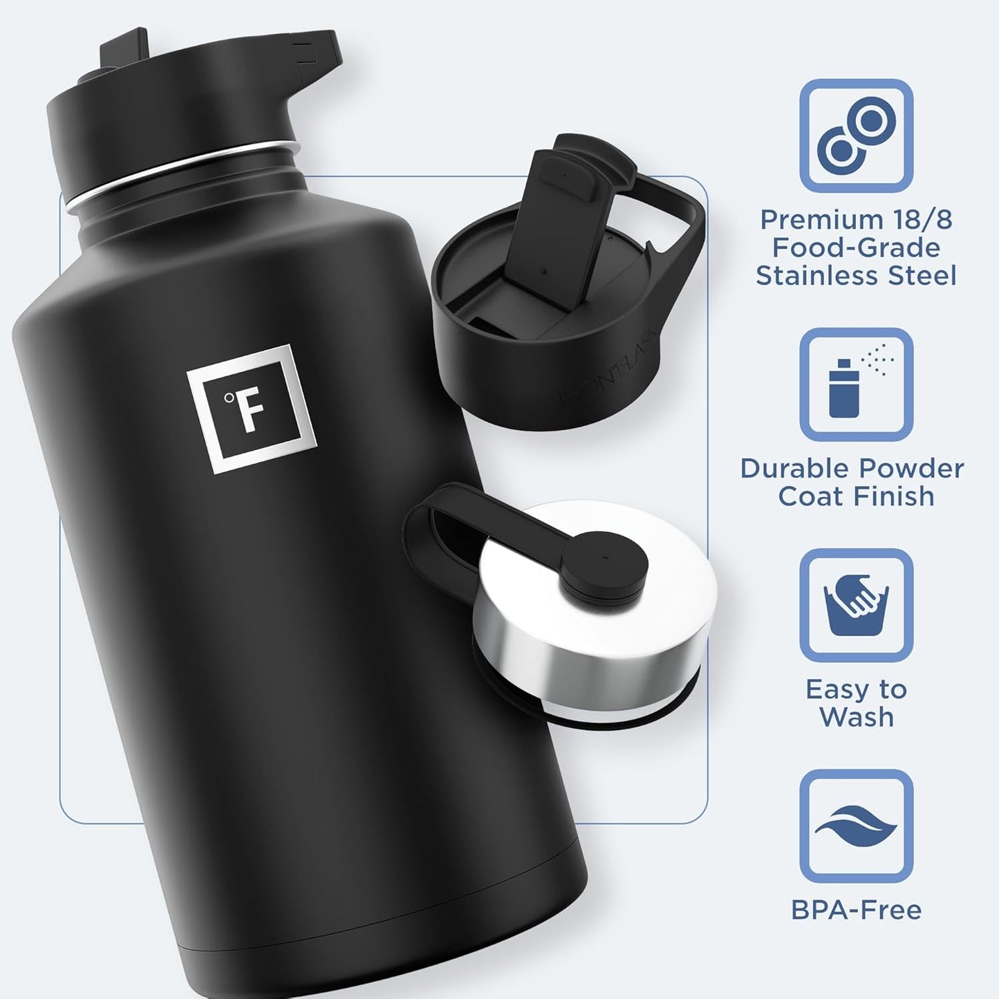 IRON °FLASK Camping & Hiking Hydration Flask with 3 Lids - Stainless Steel, Double Walled & Vacuum Insulated Water Bottle - Leak Proof & BPA Free (Day & Night, Straw - 64 oz)