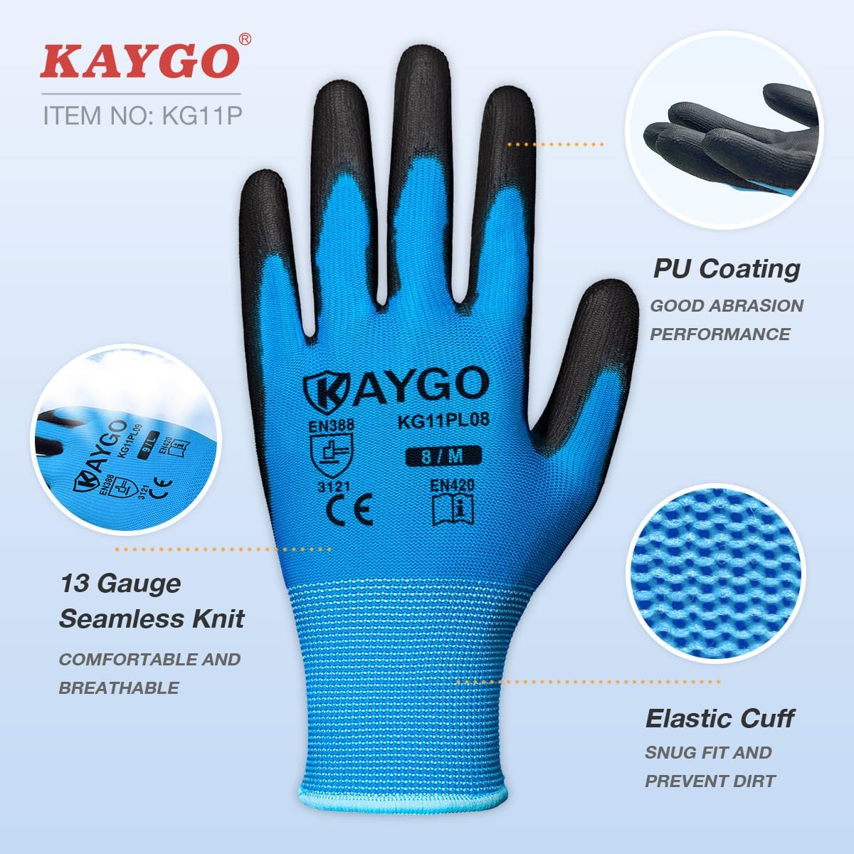 KAYGO Safety Work Gloves PU Coated,12 Pairs KG11PB, Seamless Knit Glove with Polyurethane Coated Smooth Grip on Palm & Fingers, for Men and Women, Ideal for General Duty Work (X-Large,Blue)