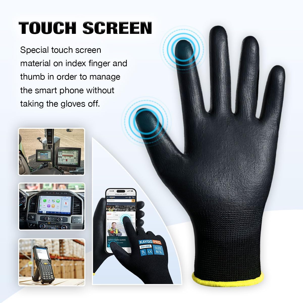 KAYGO Safety Work Gloves PU Coated for Men and Women, 60 Pairs KG11PB, Seamless Knit Glove with Two Fingers Touchscreen, breathable and lightweight Ideal for General Duty Work (Medium,Black)