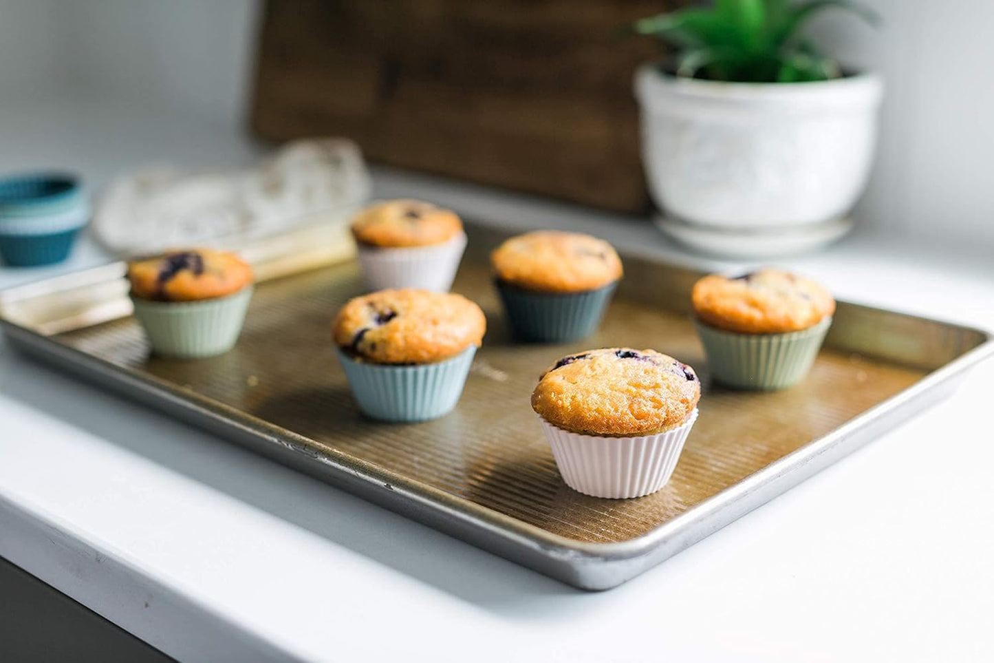 The Silicone Kitchen Reusable Silicone Baking Cup Silicone Muffin Liners for Cupcakes, BPA Free, Regular, 24 Pack, White Blue Green