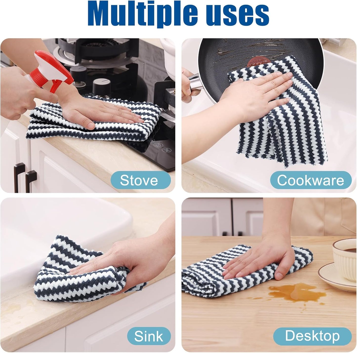 Homaxy Kitchen Towels(12 Pack, 10 x 20 inches), Ultra Soft and Absorbent Dish Towels, Reusable Fast Drying Microfiber Cleaning Cloth, Coral Velvet Wave Design No-lint, Dark Grey
