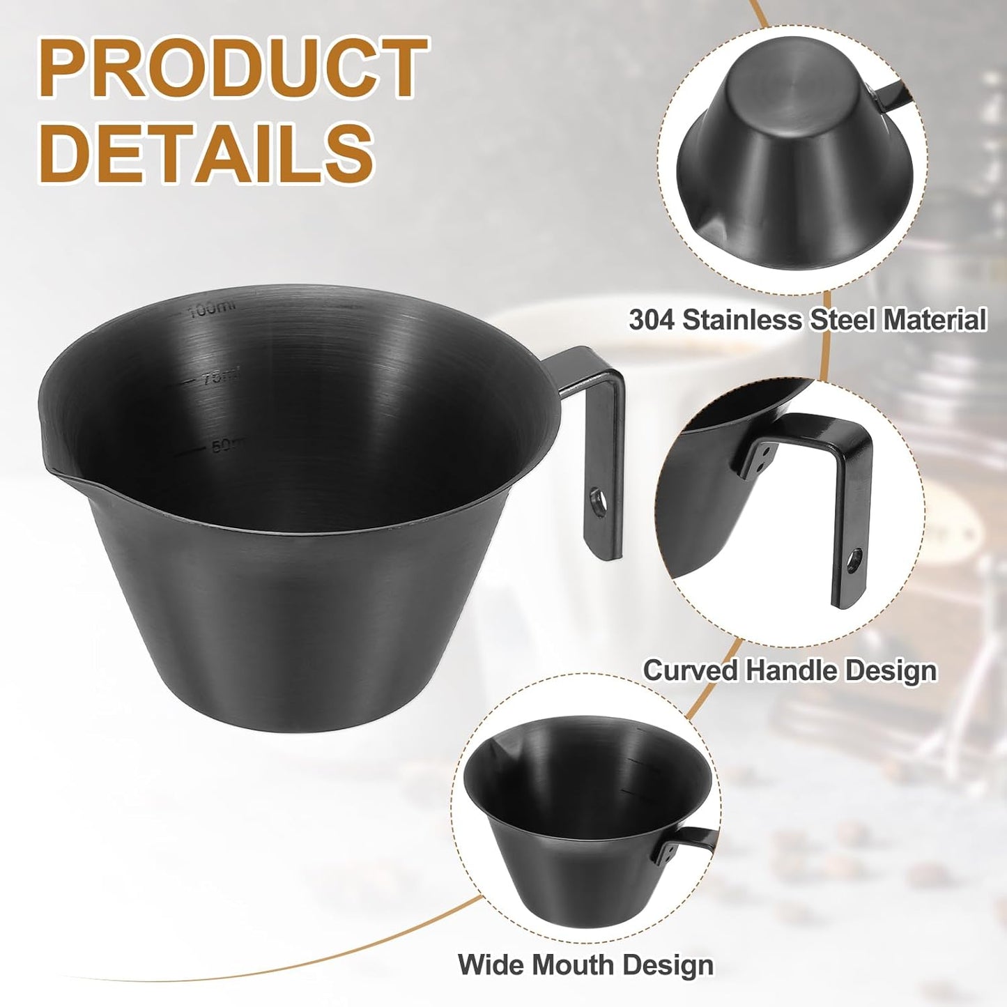 uxcell 1 Pcs Stainless Steel Espresso Cup with Handle, V-Shaped Mouth Espresso Measuring Cup with Scale for Preparing Coffee, Cocktails, 3.4OZ/100ML (Black)