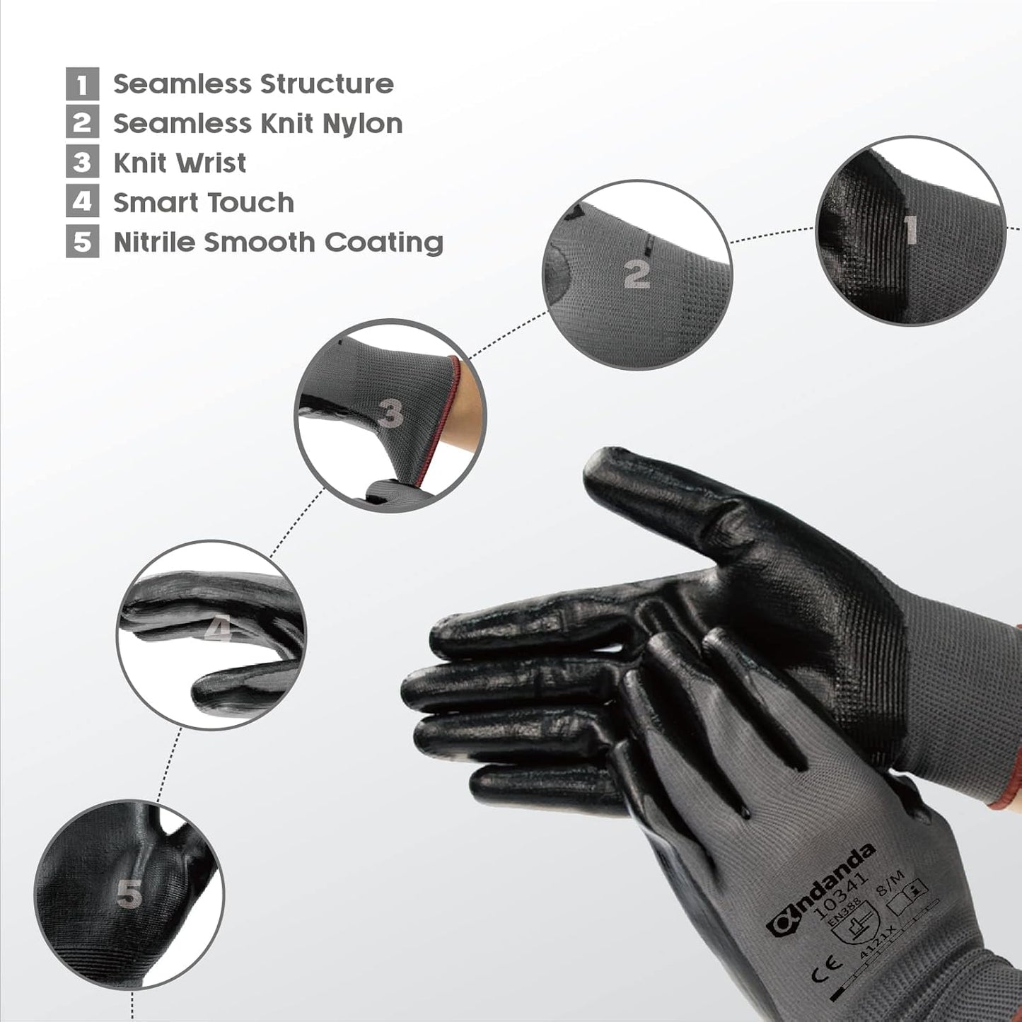 ANDANDA Smart Touch Work Gloves - 12 Pairs, 3D Comfort Stretch Fit, Nitrile Coated with Grip, Seamless Knit Nylon, Suitable for Warehousing, Black (XXL)