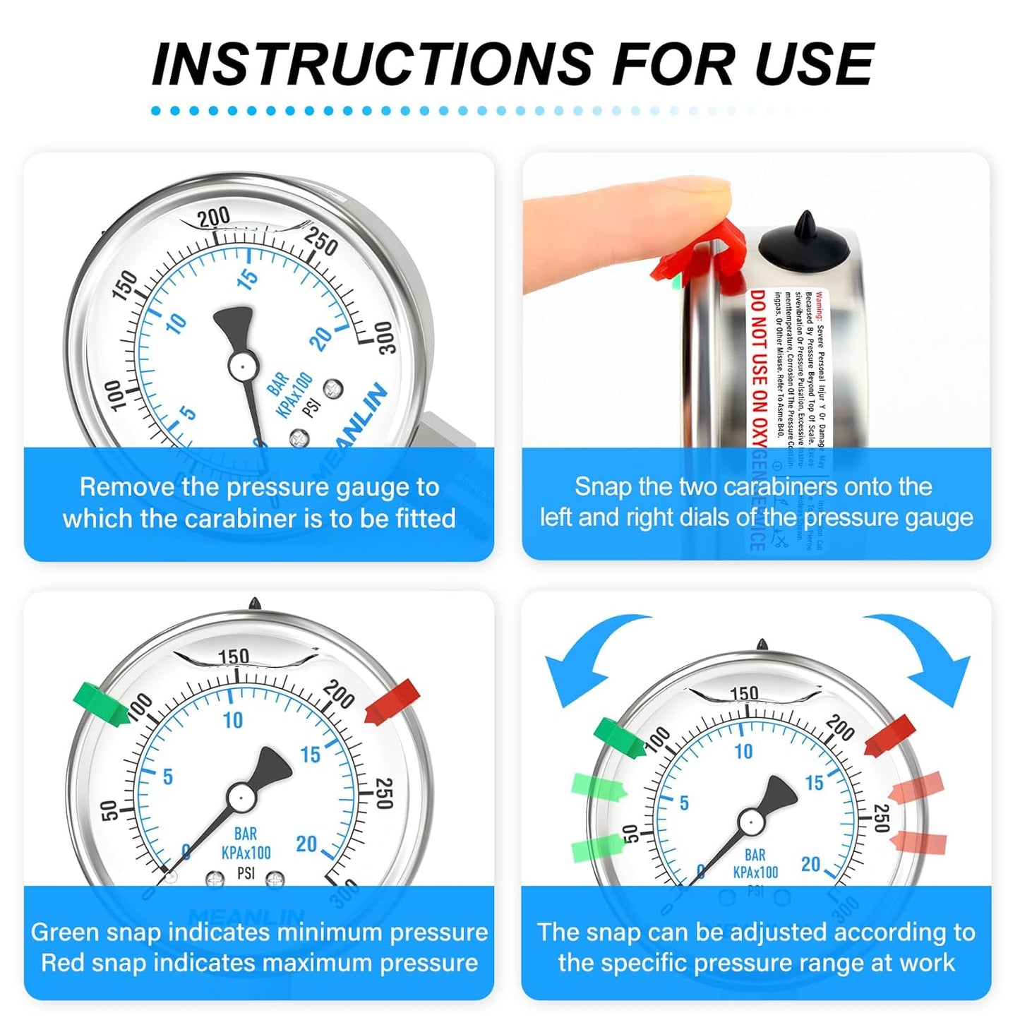 MEANLIN MEASURE 0~300Psi Stainless Steel Liquid Filled Pressure Gauge 2.5" FACE DIAL 1/4" NPT for Air Compressor Air Regulator Water Filter Lower Mount with Stainless Steel Hex Bushing and Snaps