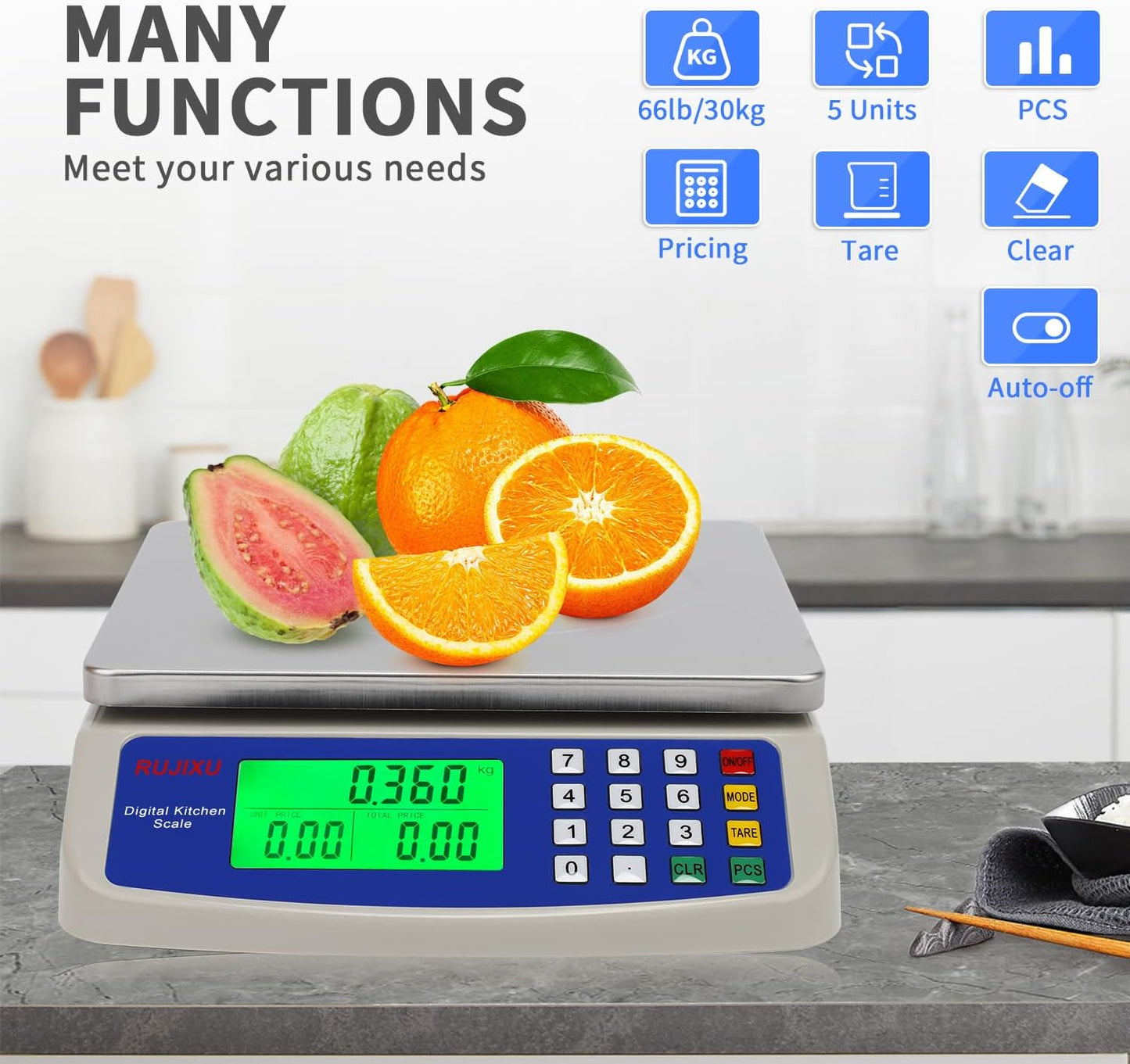 Large Digital Kitchen Scale 30KG Commercial Food Scale 66LB for Baking Bread Meat Stainless Steel Price Computing Scale LCD Display,Prep Counting Scale for Parts and Coins Adapter Included