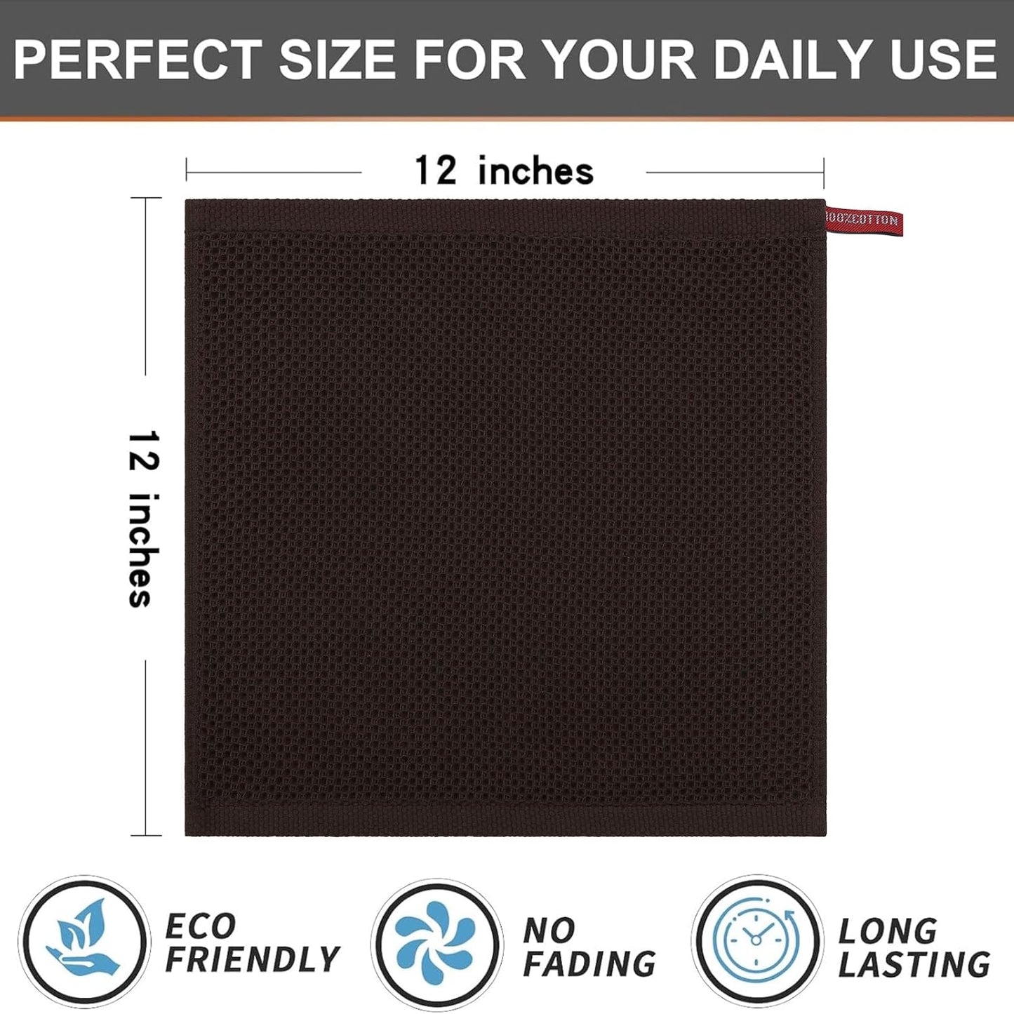 Kitinjoy 100% Cotton Kitchen Dish Cloths, 6 Pack Waffle Weave Ultra Soft Absorbent Dish Towels for Drying Dishes Quick Drying Kitchen Towels Dish Rags, 12 X 12 Inches, Dark Brown