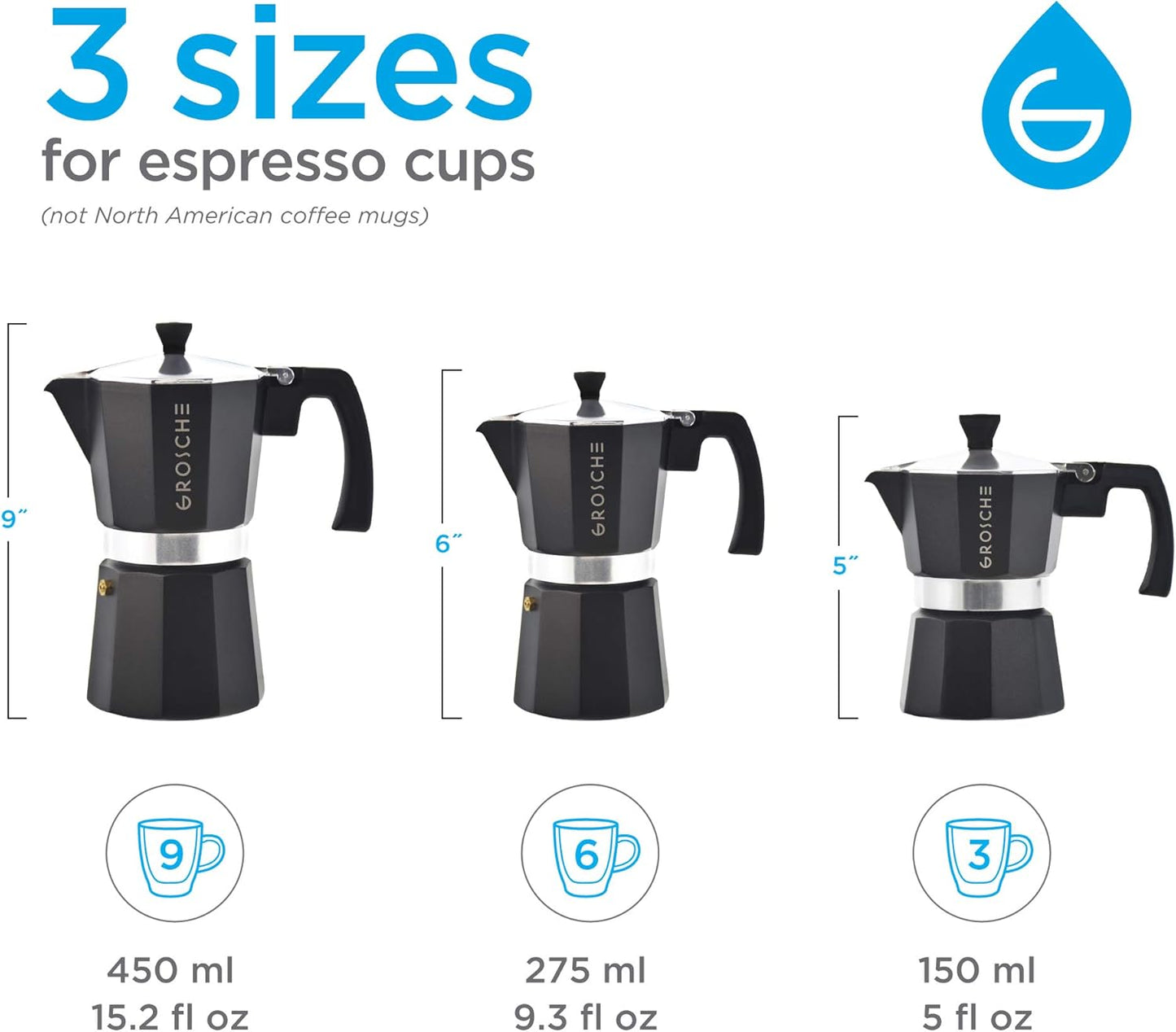 GROSCHE Milano Stovetop Espresso Maker Moka Pot 9 espresso Cup, 15.2 oz, Black. Cuban Coffee Maker Stove top coffee maker Moka Italian espresso greca coffee maker brewer percolator