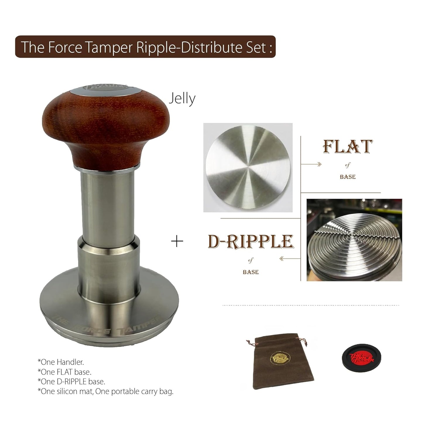 The Force Tamper Automatic Impact Adjustable Constant Pressure and Autoleveling Coffee Tamper Reddish Brown Jellyfish Wooden Handle Set Pro (Ripple-Distribute Set, 53.00mm)
