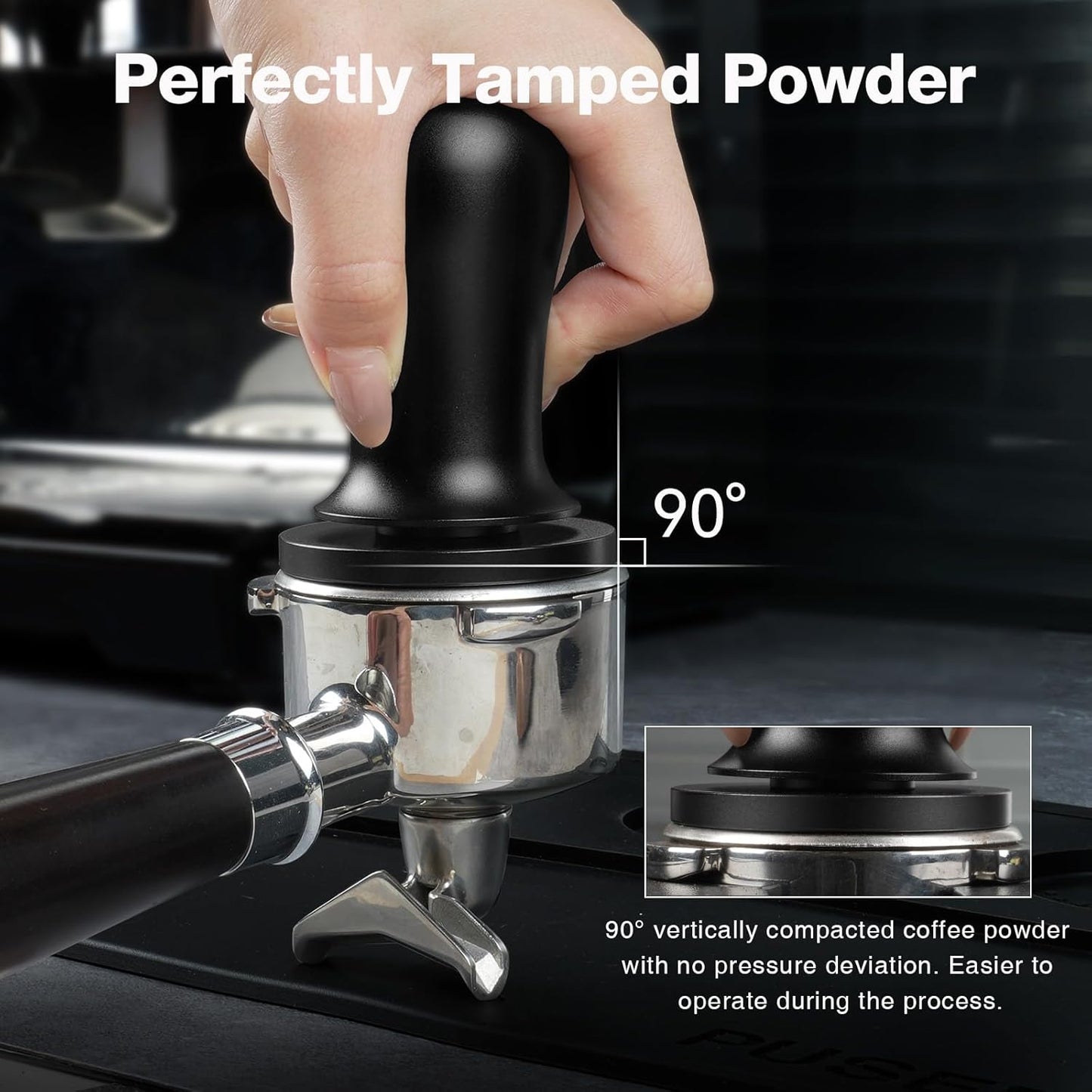 PUSEE 58.5mm Espresso Coffee Tamper with Double Spring Calibrated, Handle Tamper 30lbs Pressure with Titanium Coating Stainless Steel Ripple for Espresso Machine Accessories 58.5mm Tamper, Black