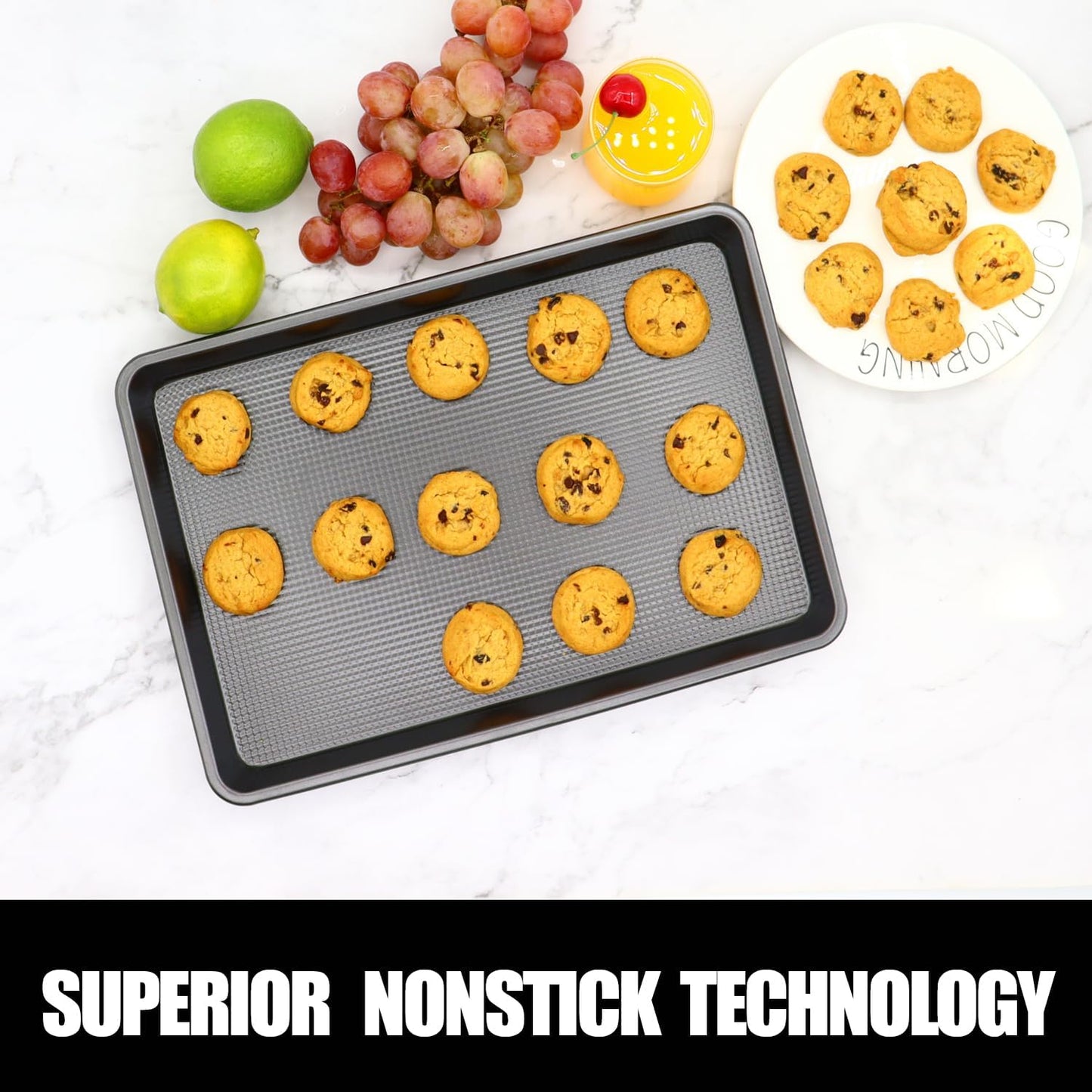 Cookie Sheets for Baking Nonstick, 2 Pack Heavy Duty 0.8mm Dark Gray Sheet Pan Set Quarter(9x13in) & Jelly Roll(10x15in), Diamond Textured Commercial Grade, Small Oven Safe