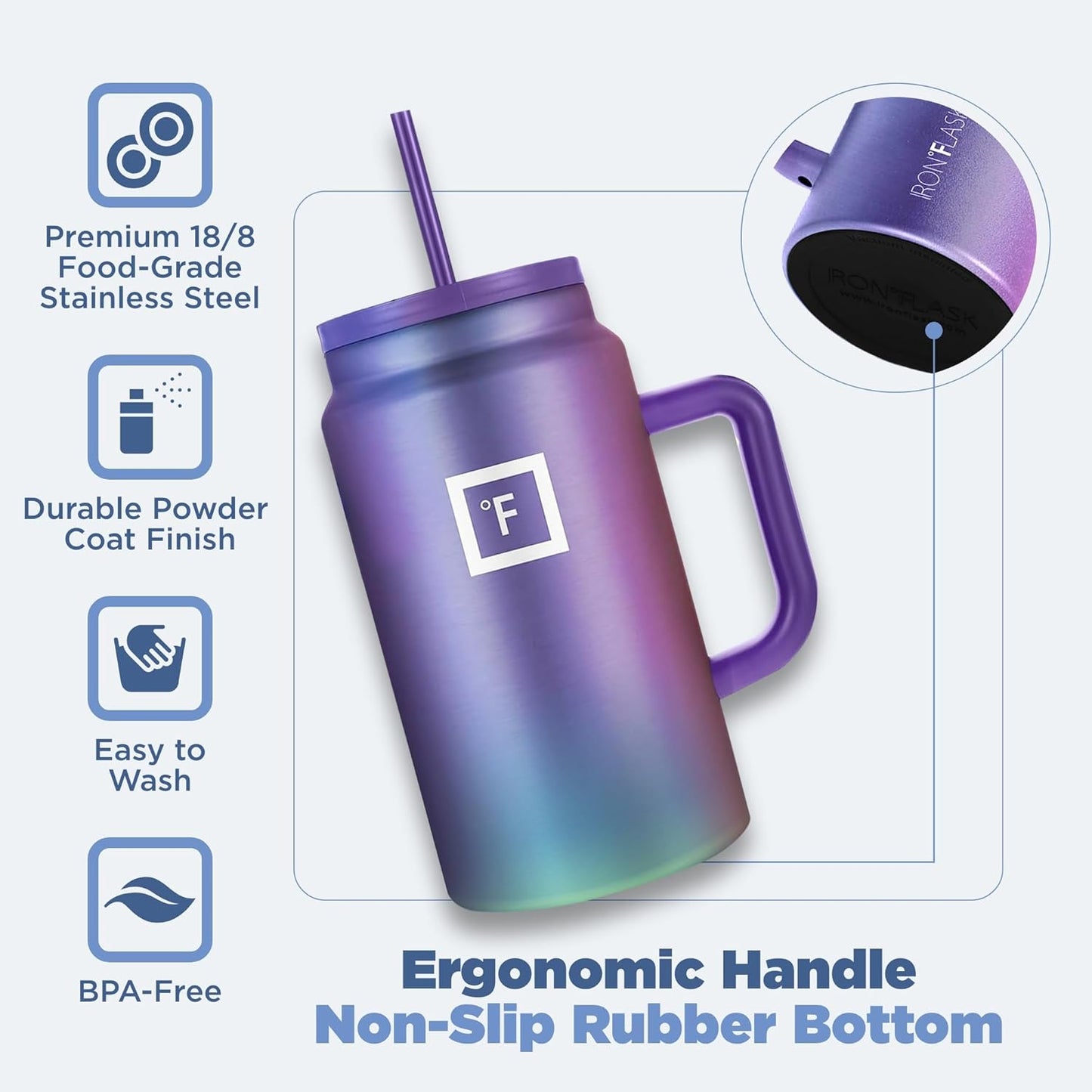 IRON °FLASK Co-Pilot Insulated Mug w/Straw & Flip Cap Lids - Cup Holder Bottle for Hot, Cold Drink - Leak-Proof - Water, Coffee Portable Travel Mug - Black, 50 Oz