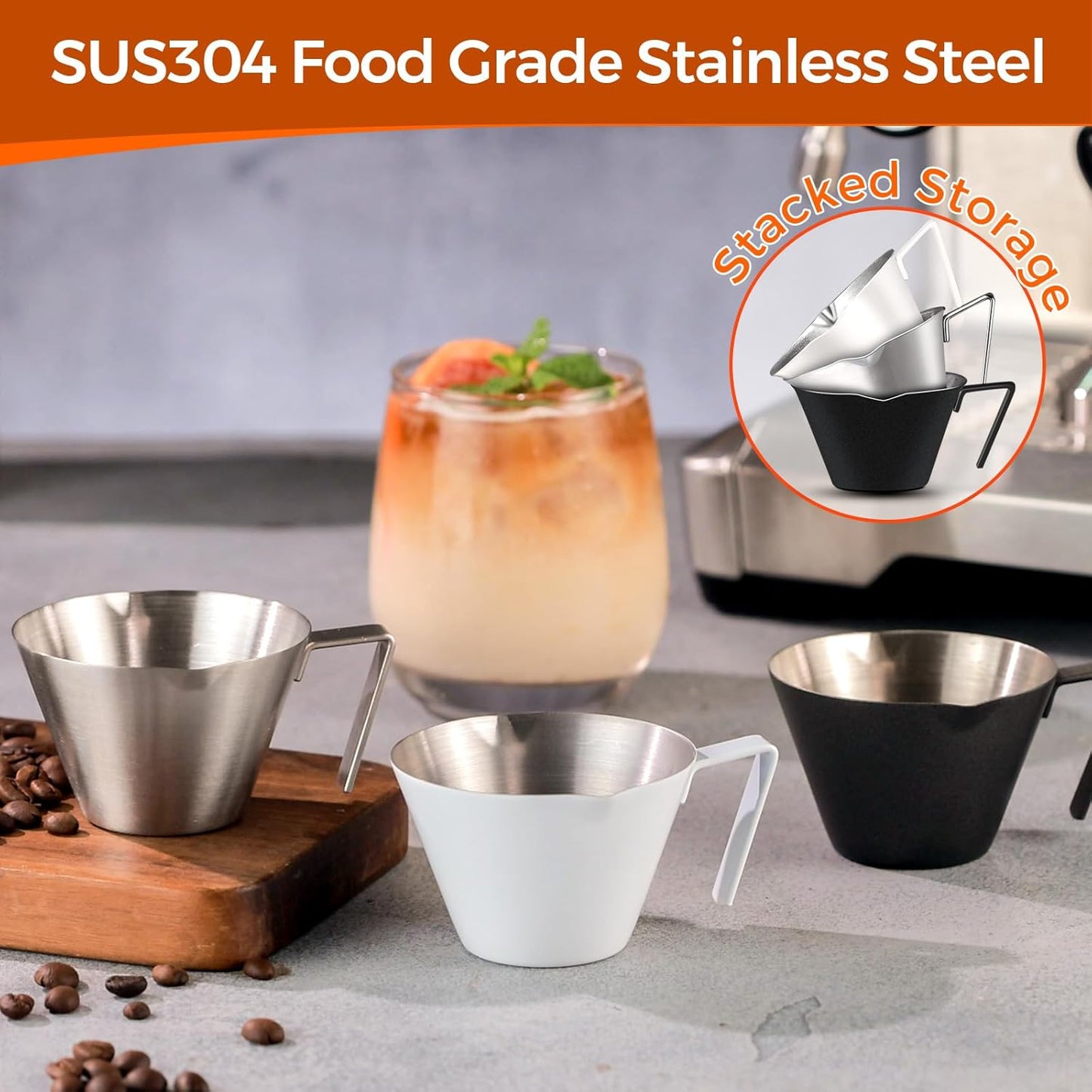 YARRAMATE 2Pcs Stainless Steel Espresso Shot Cup, Double Spout Metal Espresso Measuring Cup with V-Shaped Mouth, Espresso Accessories, 3.4OZ/100ML (White)