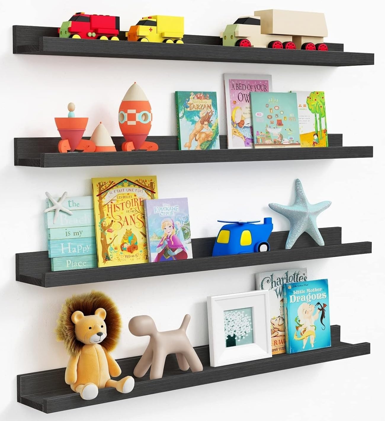 Forbena 36 Inch Photo Picture Ledge Shelf Set of 4, Black Floating Shelves with Lip for Wall, Narrow Long Wood Wall Shelf for Living Room Bedroom Office Classroom Library Books Album Frames Art Decor