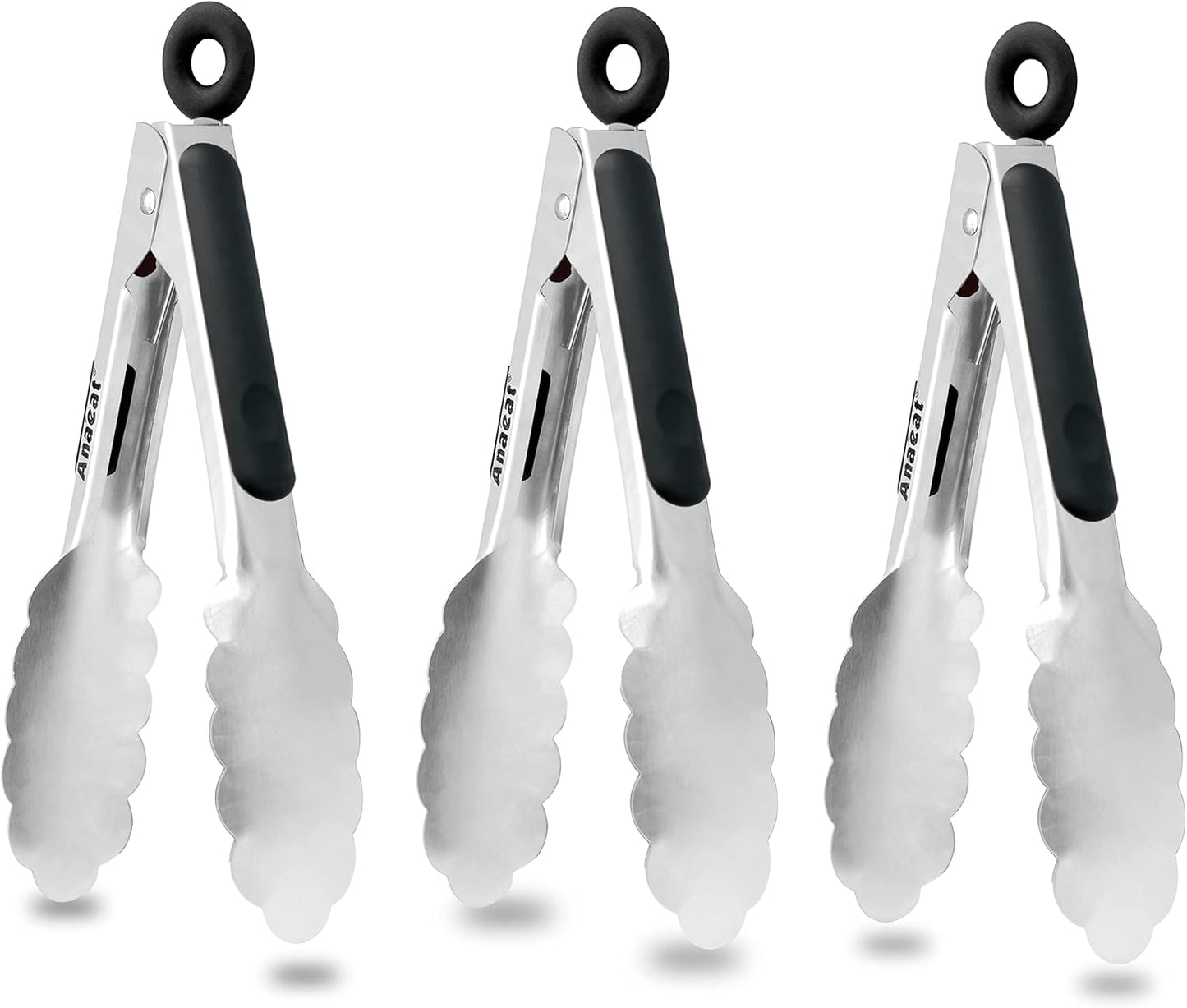 Anaeat 3 Pack 7" Mini Stainless Steel Cooking Tongs - Sturdy Coiled Spring Locking Kitchen Food Tong with Non-Slip Silicone Grip for Serving, Cooking, Baking - Heat Resistant up to 480¡ÆF (Black)