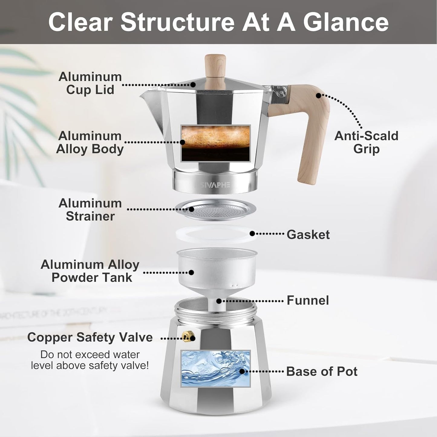 Sivaphe Aluminum Moka Pot 9 Espresso Cups, Percolator Espresso and Coffee Maker, Portable Stove top Italian and Cuban Café Brewer for Home and Camping Sliver