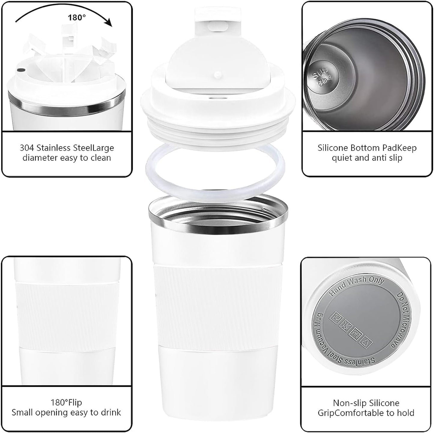 YINBAOGE Insulated Travel Coffee Mug Spill Proof Leak Proof Pobtable To Go Camping Stainless Steel Coffee Tumbler Reusable Coffee Cups with Lids Thermos for Hot and Cold Drink (White, 12 OZ)