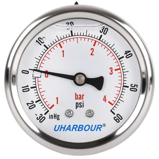 Glycerin Filled Vacuum Pressure Gauge, 2-1/2" Clear dial,1/4" NPT Back Connection, Stainless Steel Case, Brass Movement, Dual Scales -30HG/60PSI¡¦¡¦