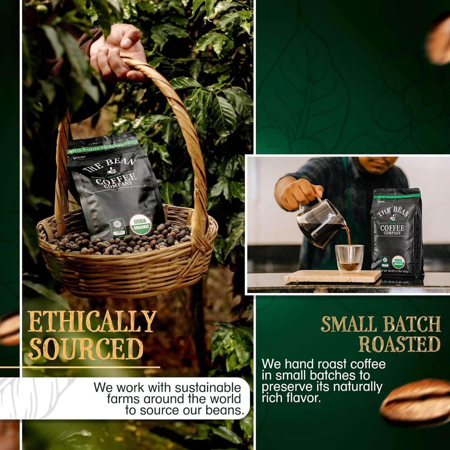 The Bean Organic Coffee Company Pumpkin Spice, Medium Roast, Ground Coffee, 16-Ounce Bags (Pack of 2),Café molido tostado organico