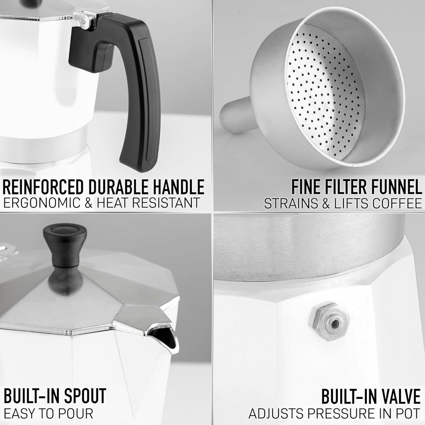 Zulay Moka Pot Espresso Stovetop Coffee Maker - Leak-Proof, Stainless Steel, Easy to Clean, Heat Resistant Handle & Knob - for Authentic Cuban & Italian Style Espresso - Makes 3 Espresso Cups - White