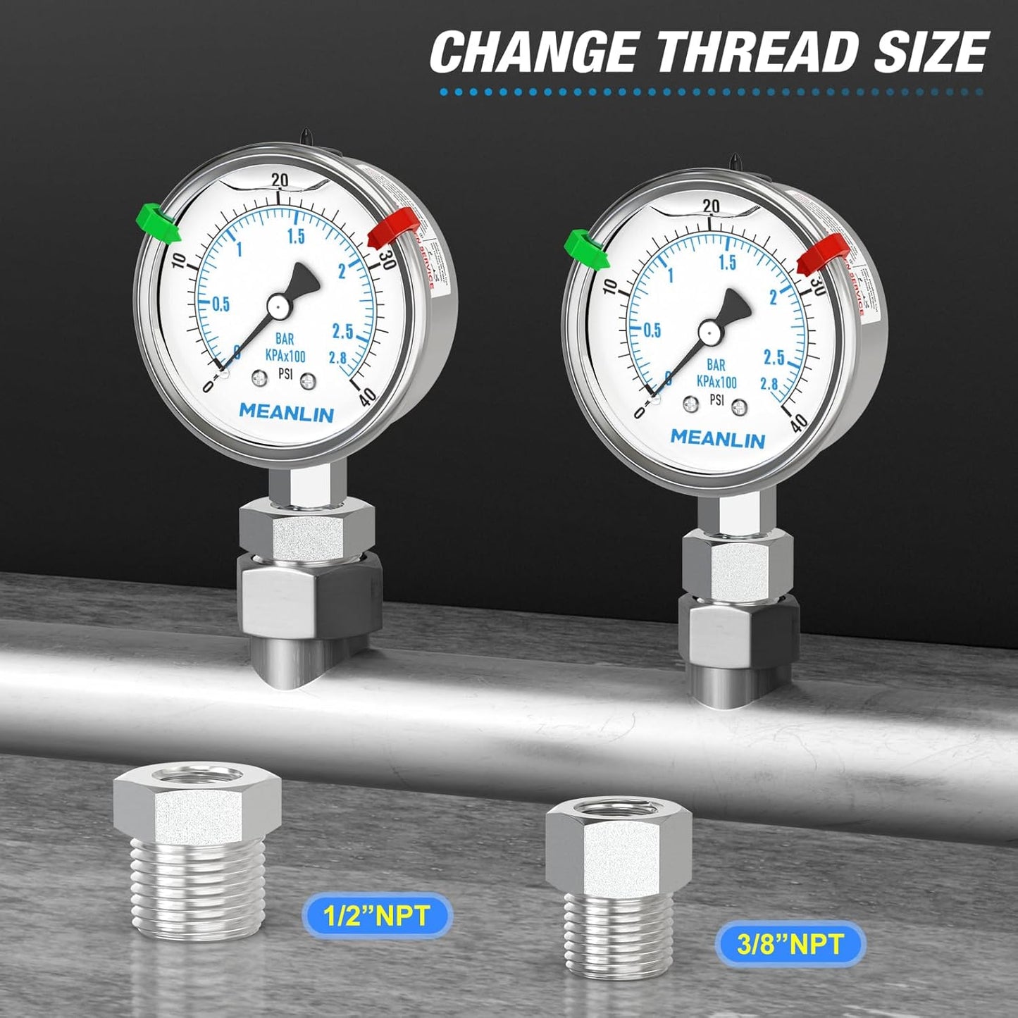 MEANLIN MEASURE 0~40Psi Stainless Steel Liquid Filled Pressure Gauge 2.5" FACE DIAL 1/4" NPT for Pool Sand Filter Water Oil Air Pressure Test Lower Mount with Stainless Steel Hex Bushing and Snaps