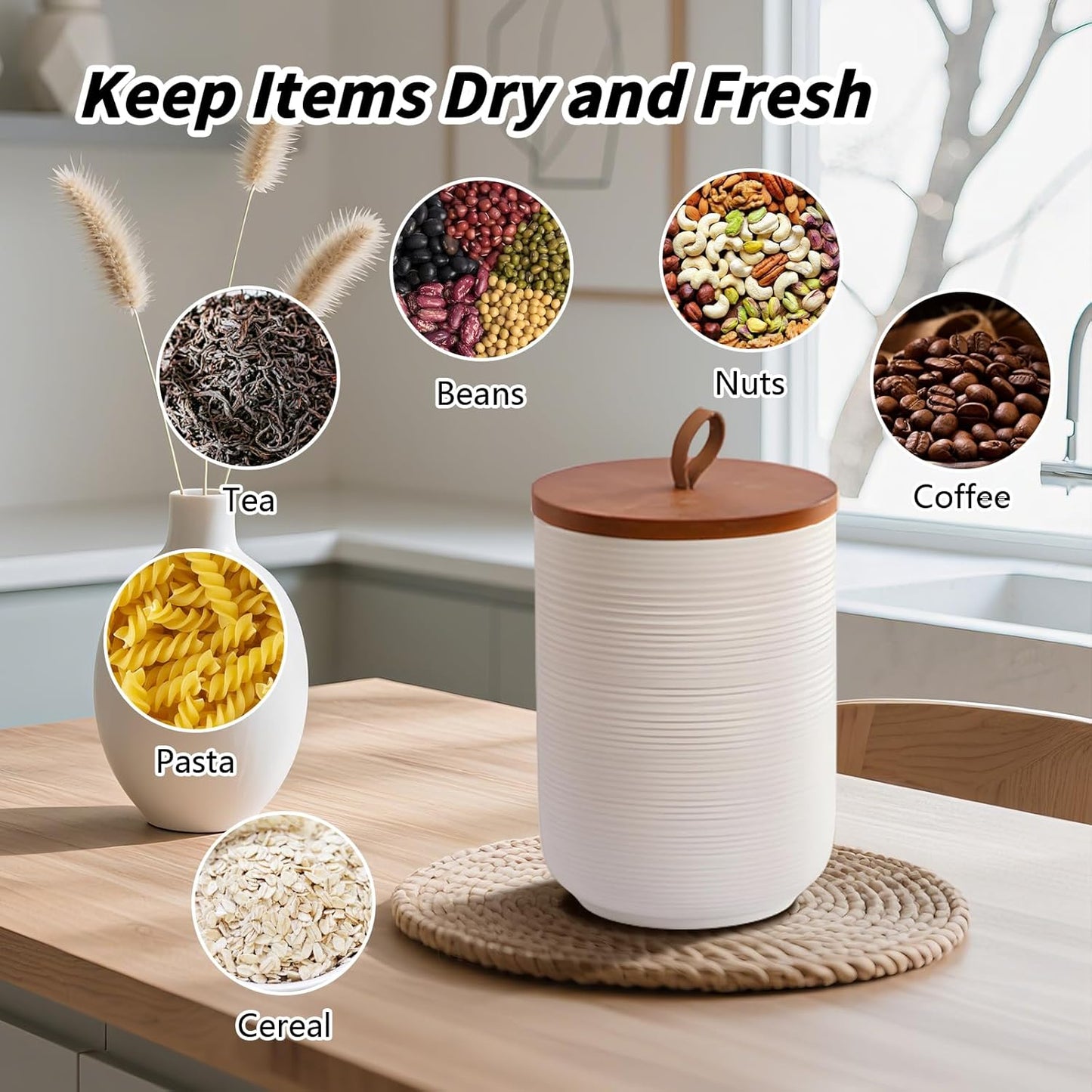Food Storage Jar Strong Ceramic Storage Canisters with Airtight Wooden Lid,Kitchen Storage Containers for Serving Coffee Beans, Tea, Sugar, Salt, Spices (Big white)