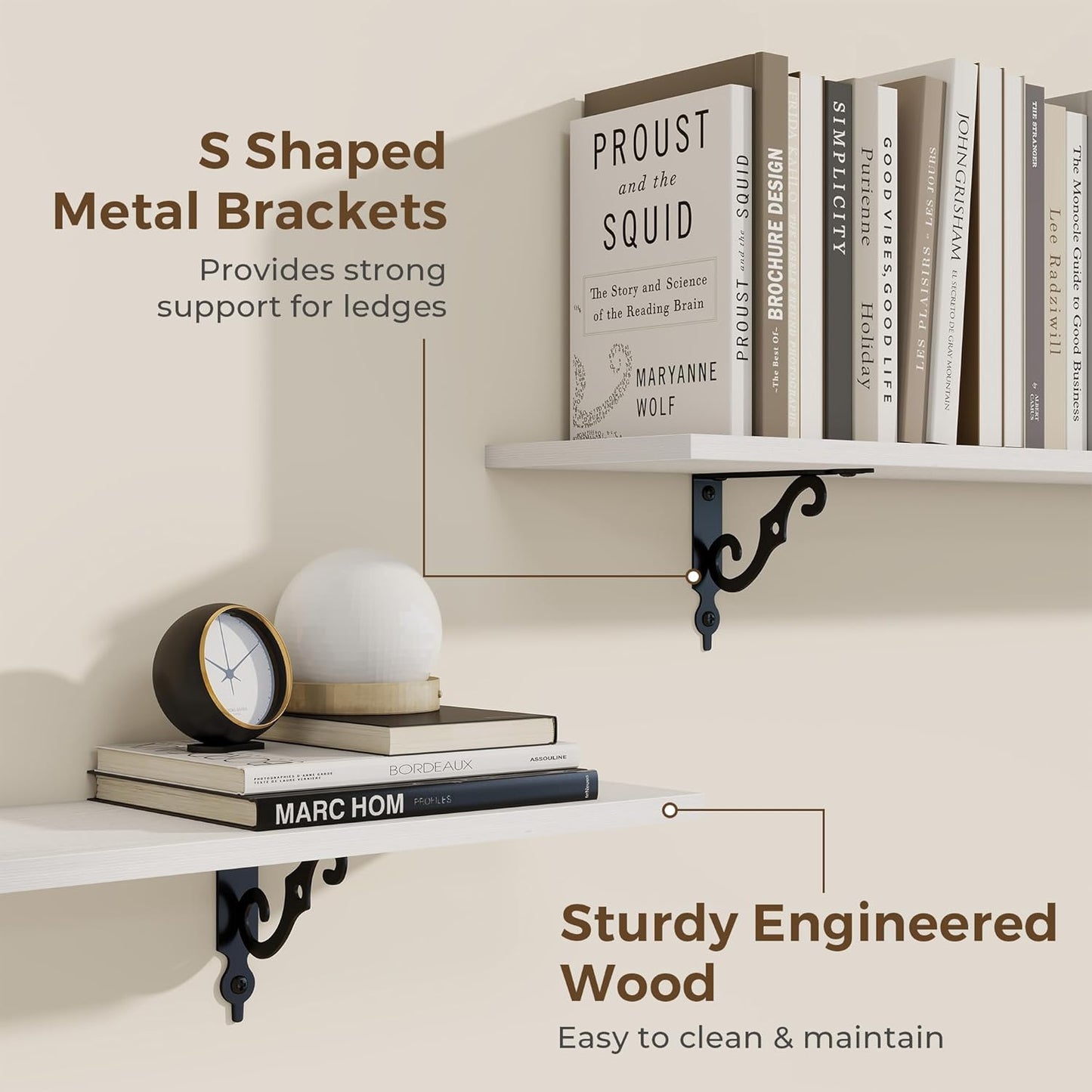 RICHFOCUS Floating Shelves for Wall Decor, 8 Inch Deep Wall Shelves Set of 2, 16W x 8D White Floating Shelves Wall Mounted with Metal Brackets, Rustic Wood Shelves for Living Room Bedroom Kitchen