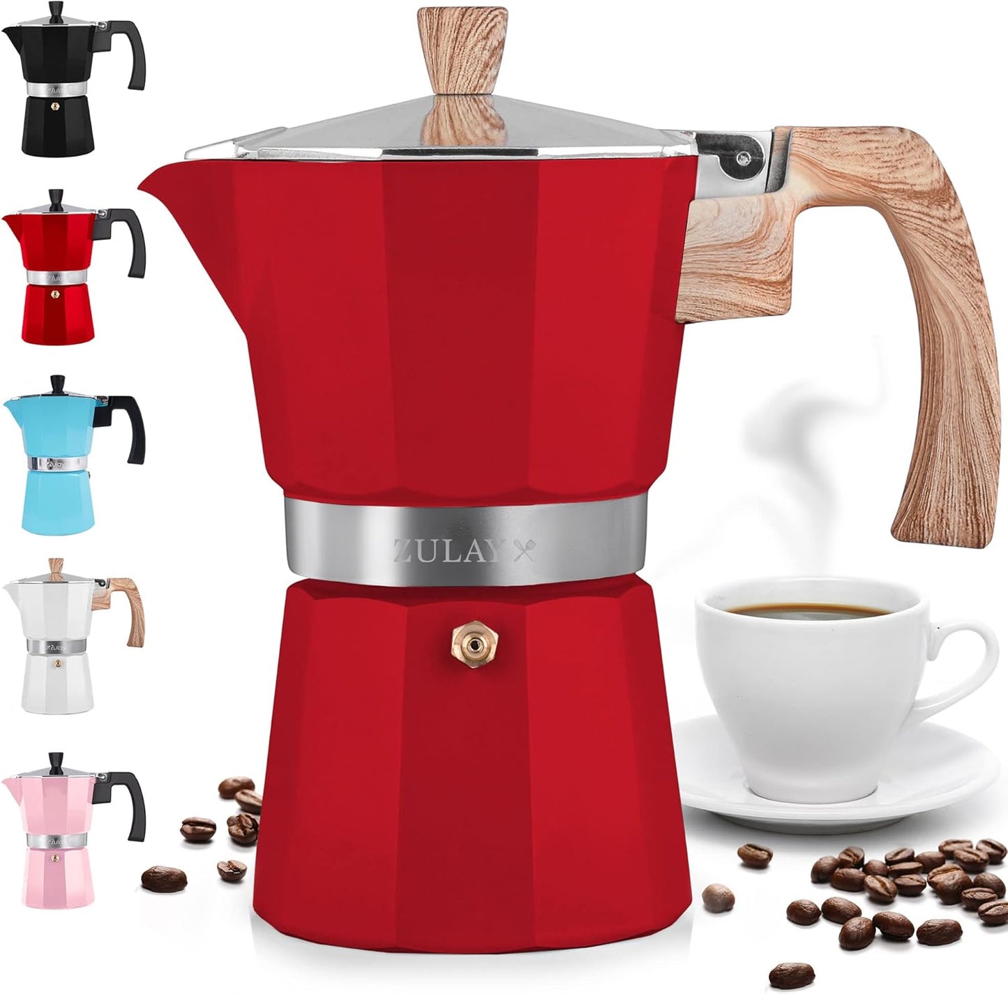 Zulay Kitchen Stovetop Espresso Maker - Moka Pot 3 Espresso Cups - Percolator Coffee Maker for Classic Cuban & Italian Style Espresso - Portable Coffee Maker for Camping & Travel - (Red)