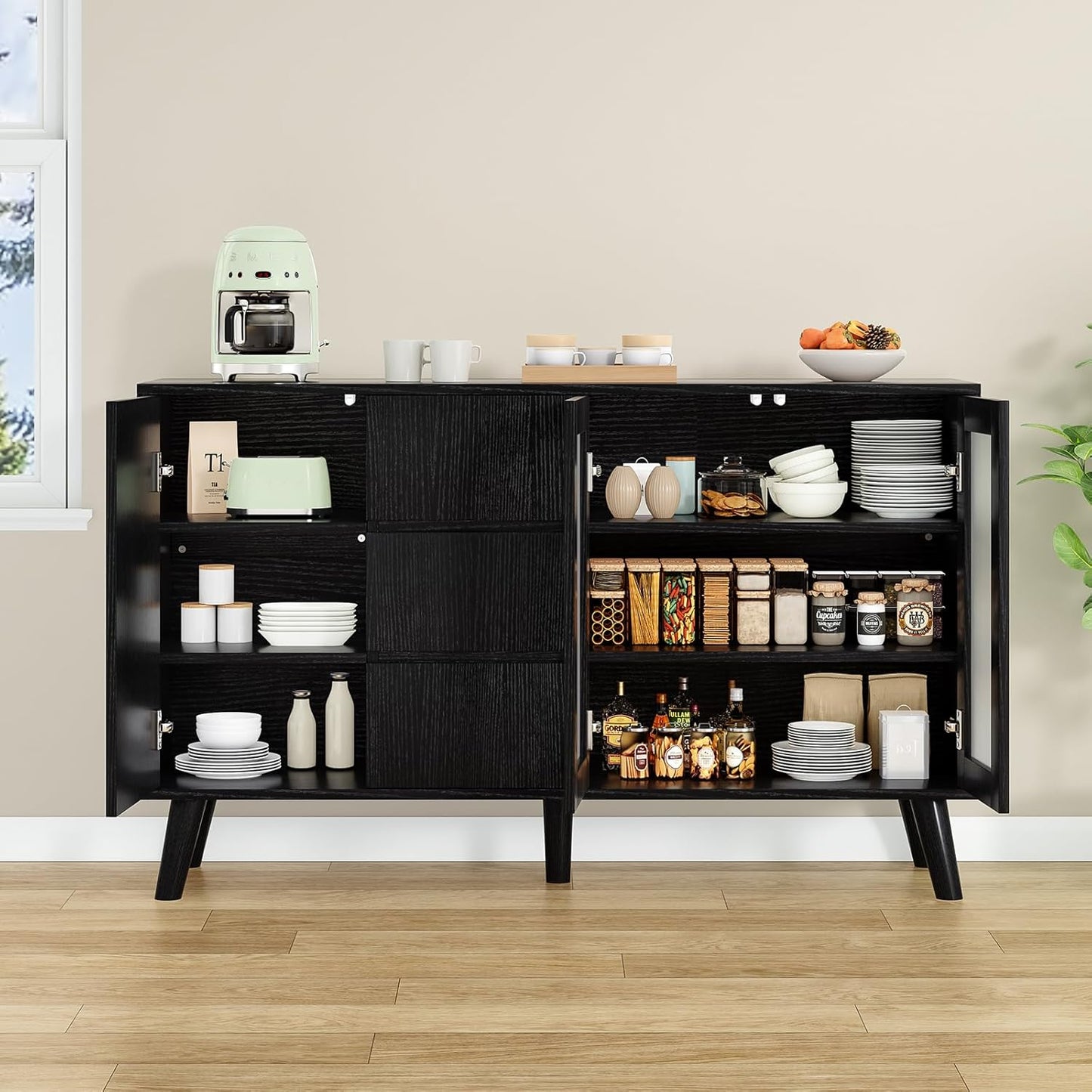 Soohow Farmhouse Buffet Cabinet, 55.5" Coffee Bar with 3 Drawers and Pop-Up Doors, Large Rustic Sideboard for Dining Room, Kitchen, Hallway, and Living Room