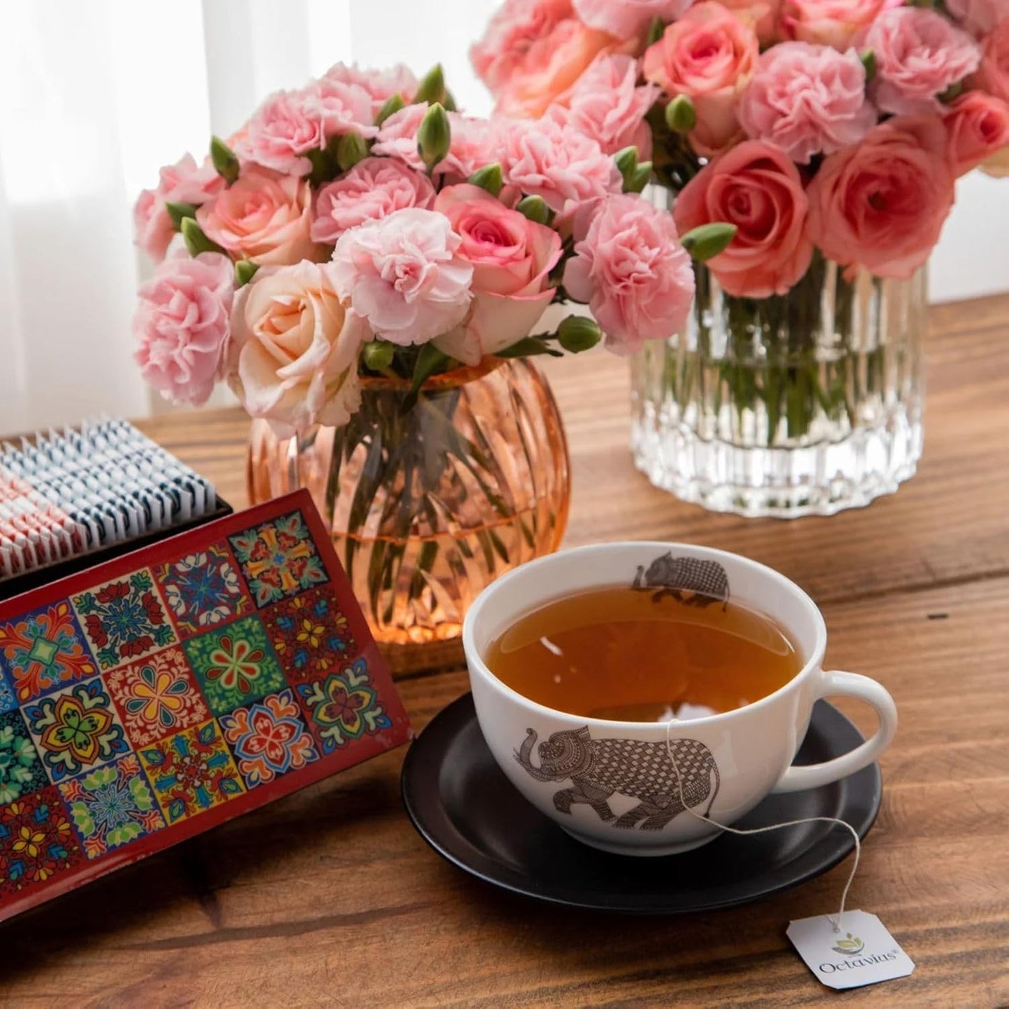Octavius - Assorted Tea Variety Pack in Tile Motif Design Wooden Box | 6 Flavors, 60 Tea Bags | Black & Green Tea | Tea Gifts for Women & Men