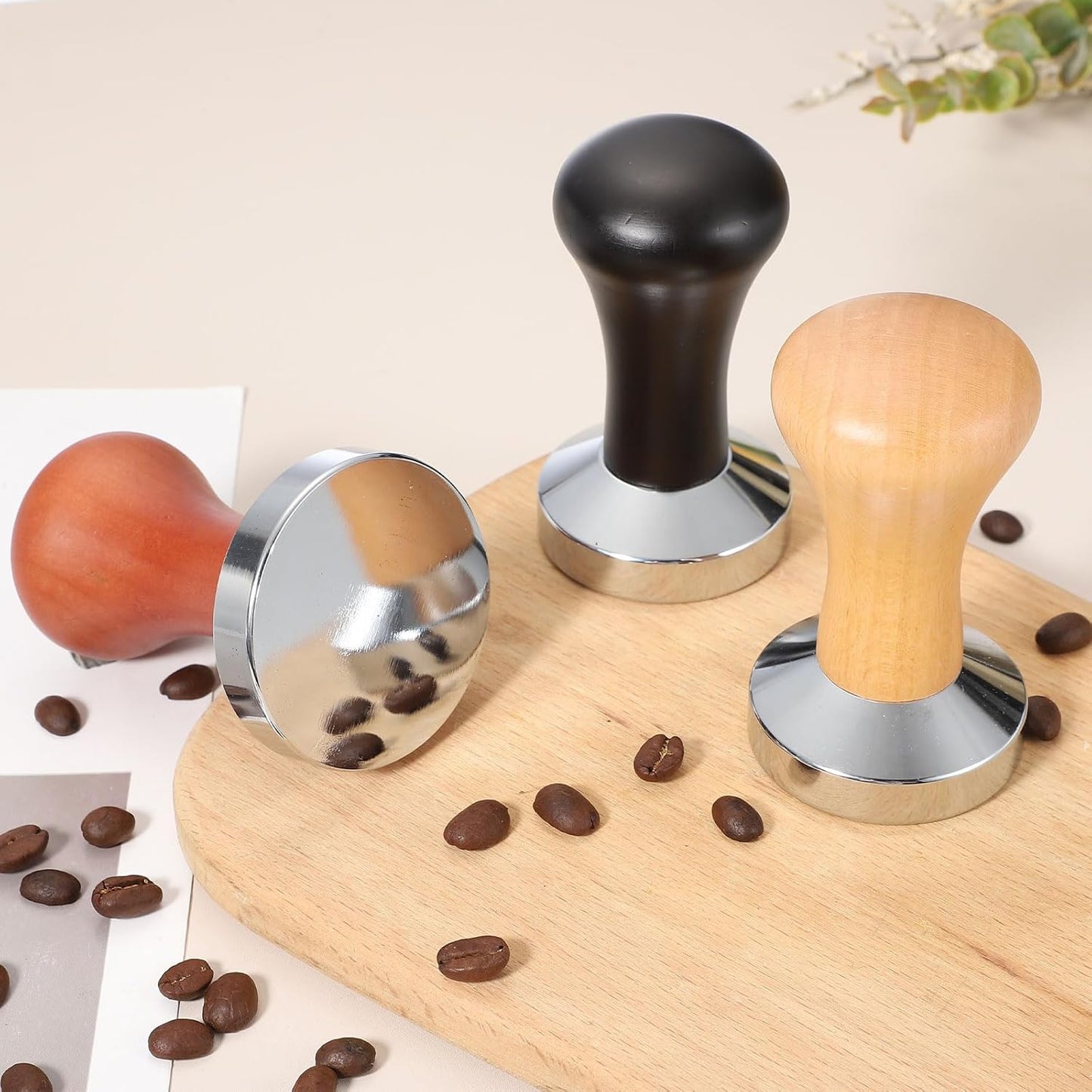 uxcell 58mm Coffee Tamper, Stainless Steel Espresso Press Tamper, Espresso Tamper with Wooden Handle Suitable for Coffee Shop, Restaurant Bar, Bakery (Light Brown)