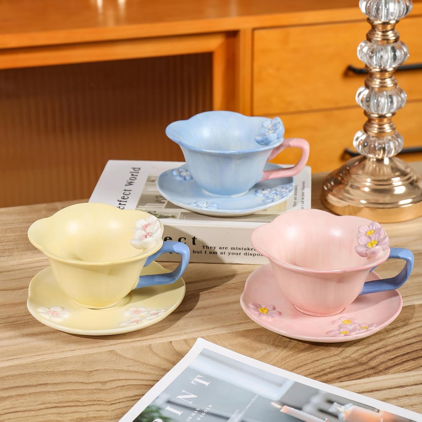 Floral Tea Cups and Saucers, Ceramic Cute Coffee Mug for Women Tea Party, Cappuccino Latte Milk (Blue)