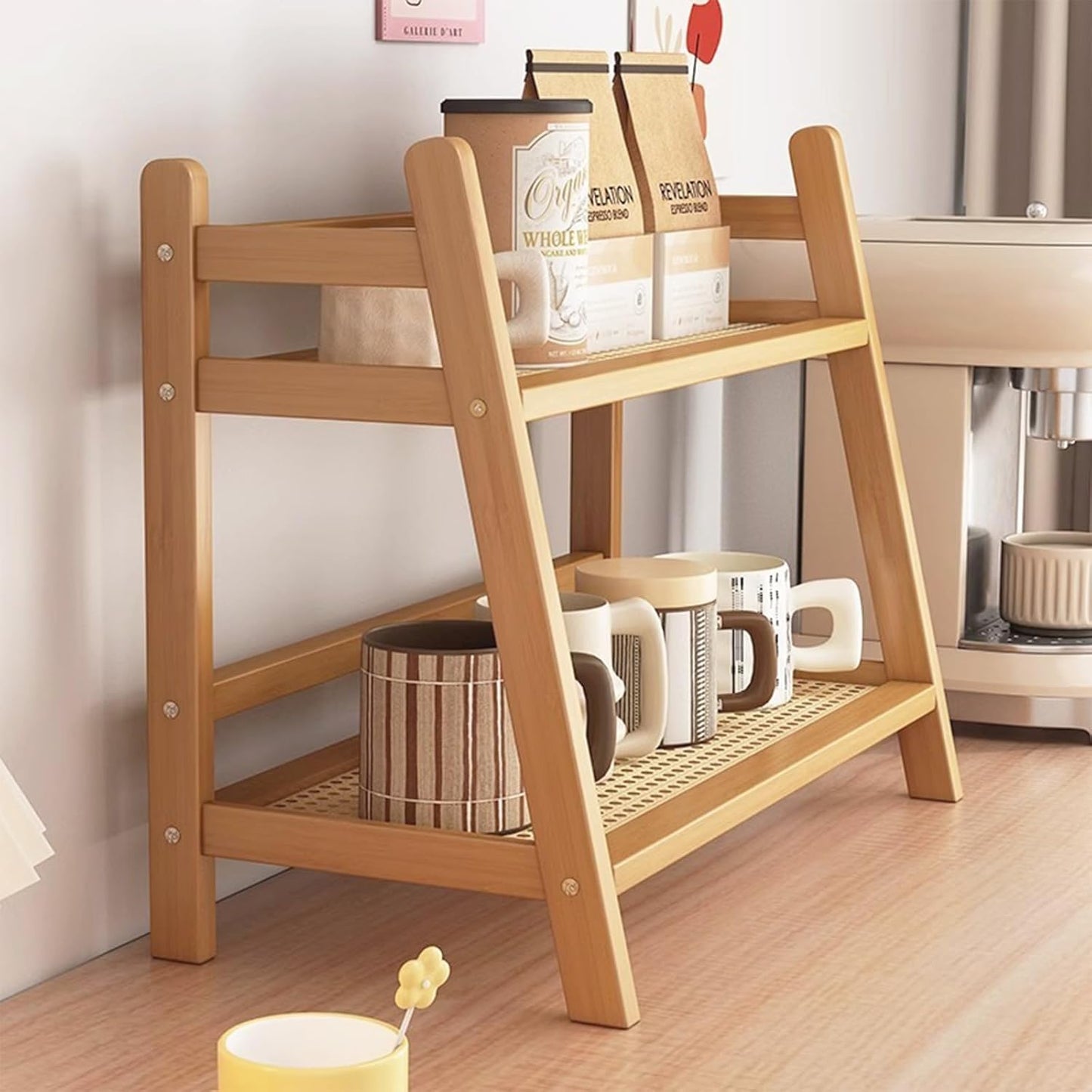 Wicker-Look Coffee Station Organizer, Bamboo Mug Holder Countertop, Kitchen Counter Shelf for Tea Coffee Bar Accessories, Matcha Stand, Cup Display, Condiment Storage Rack, 2 Tier