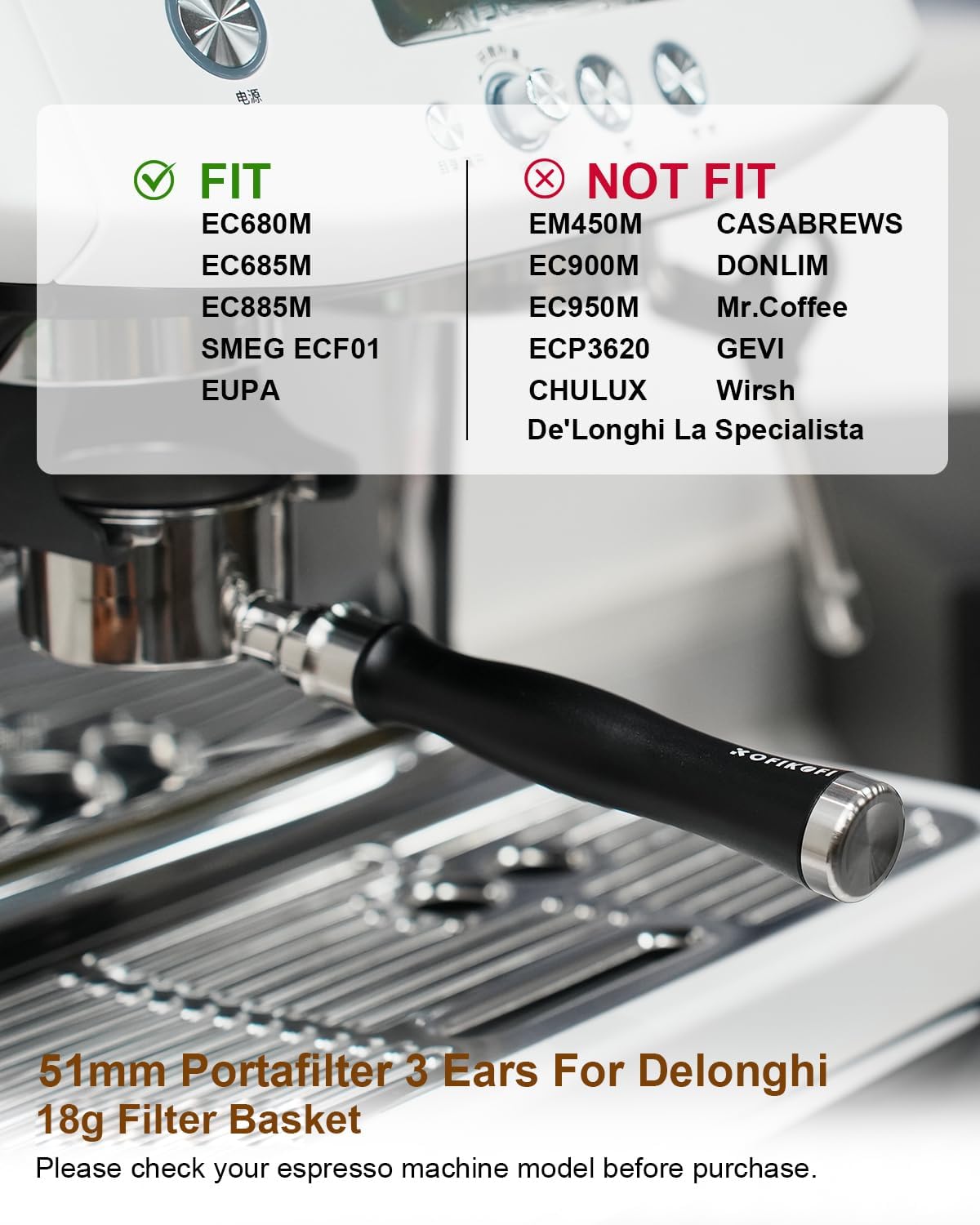 51mm Bottomless Portafilter 3 Ears Compatible with Delonghi Dedica EC680/EC685/EC885 and SMEG, EUPA Espresso Machines, Espresso Naked Bottomless Portafilter with Puck Screen and 18g Filter Basket