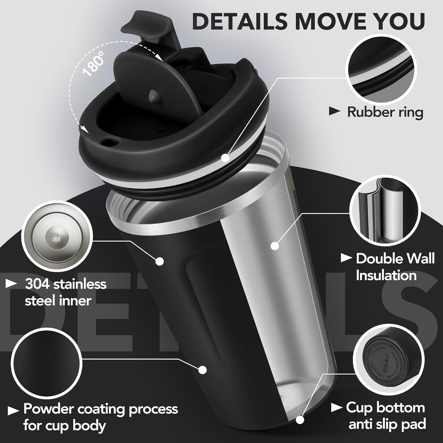 Volhoply 12 oz Double Wall Insulated Vacuum Travel Coffee Mugs with Flip Lid Bulk 2 Pack,Reusable Stainless Steel Leak Proof Coffee Cup,Portable Cafe Thermal Tumbler for Hot & Cold Drinks(Black,2 Set)
