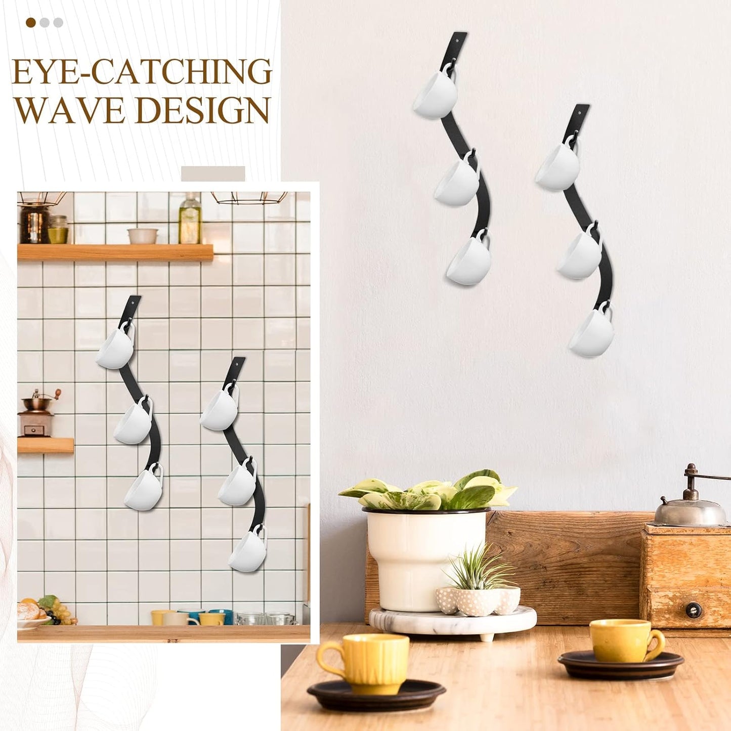 Sosation 4 Pack Coffee Mug Wall Rack Mounted with 12 Hooks S Curve Metal Coffee Cup Rack Wall Hanging Holder for Bar Kitchen Corner Station Decor Display