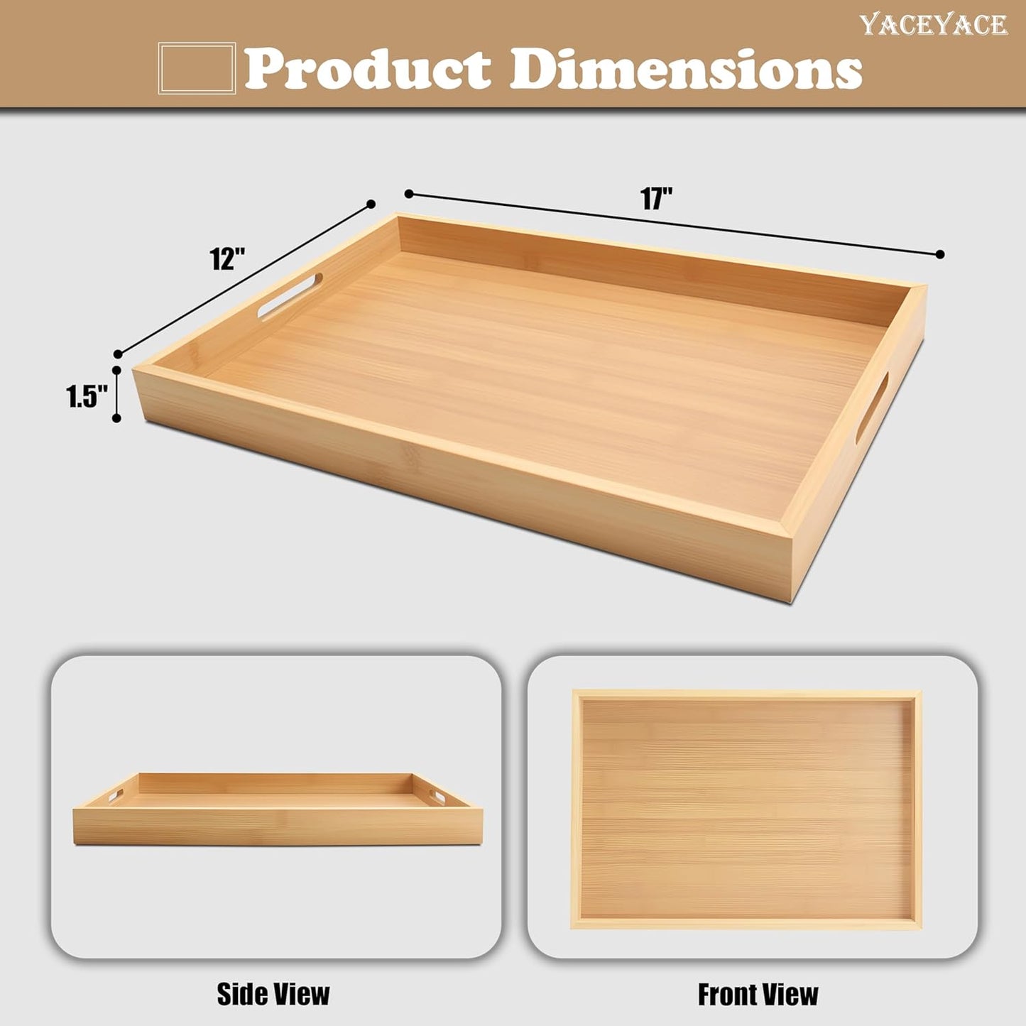 Serving Tray with Handles, 17"x12.5"x1.5" Large Bamboo Serving Tray for Ottoman, Decor Tray for Breakfast, Living Room, Drink, Coffe Table