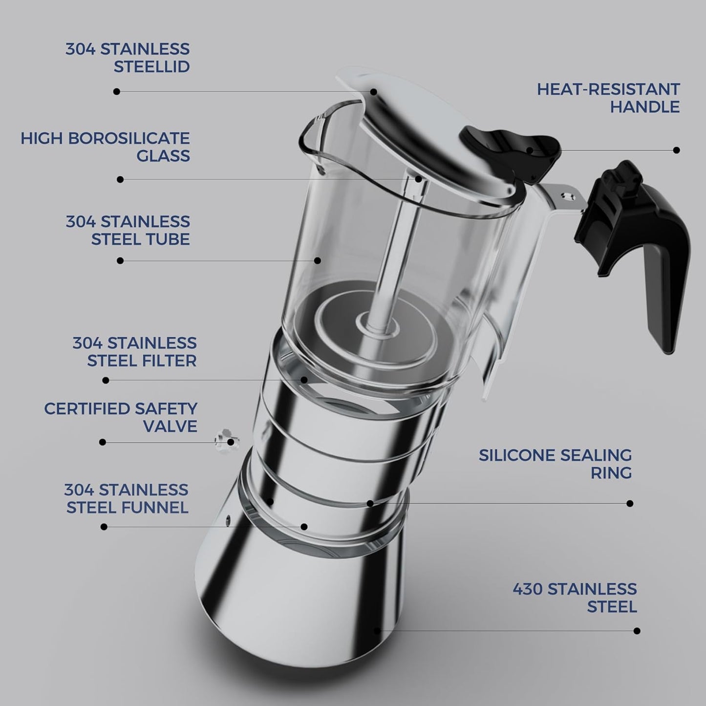Stovetop Espresso Maker, Crystal Glass-top & Stainless Steel Espresso Moka Pot,Classic Italian coffee maker（360ml）