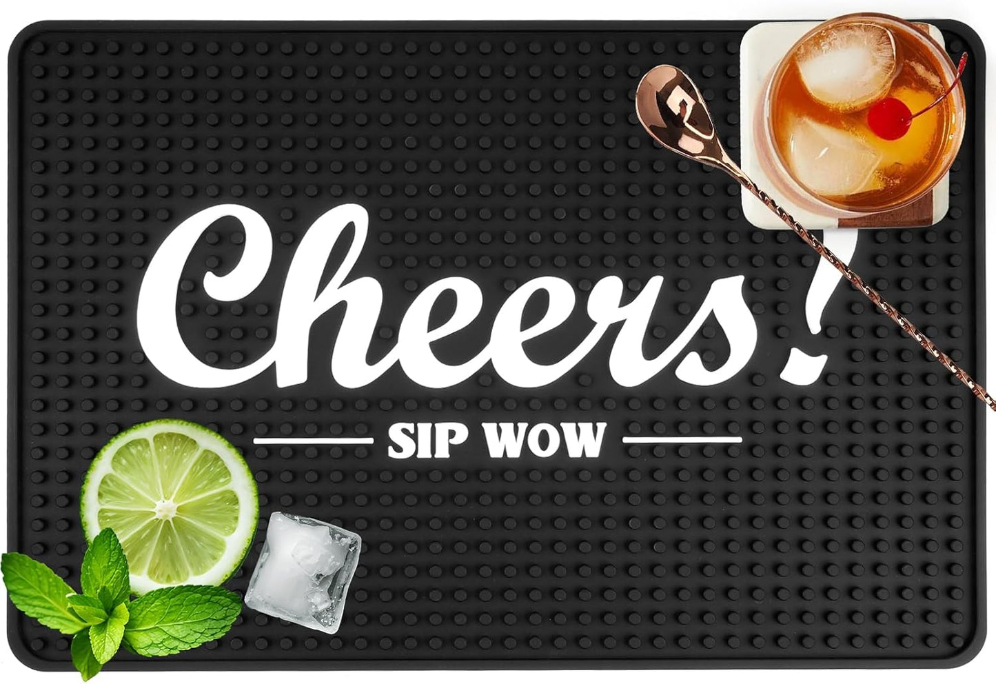 Cheers Bar Mat for Countertop 18in x 12in Large - Thick Durable Non-Slip Spill Rubber Bar Mats for Bartending - Personalized Custom Bar Mat for Home Bar Barista (Cheers)