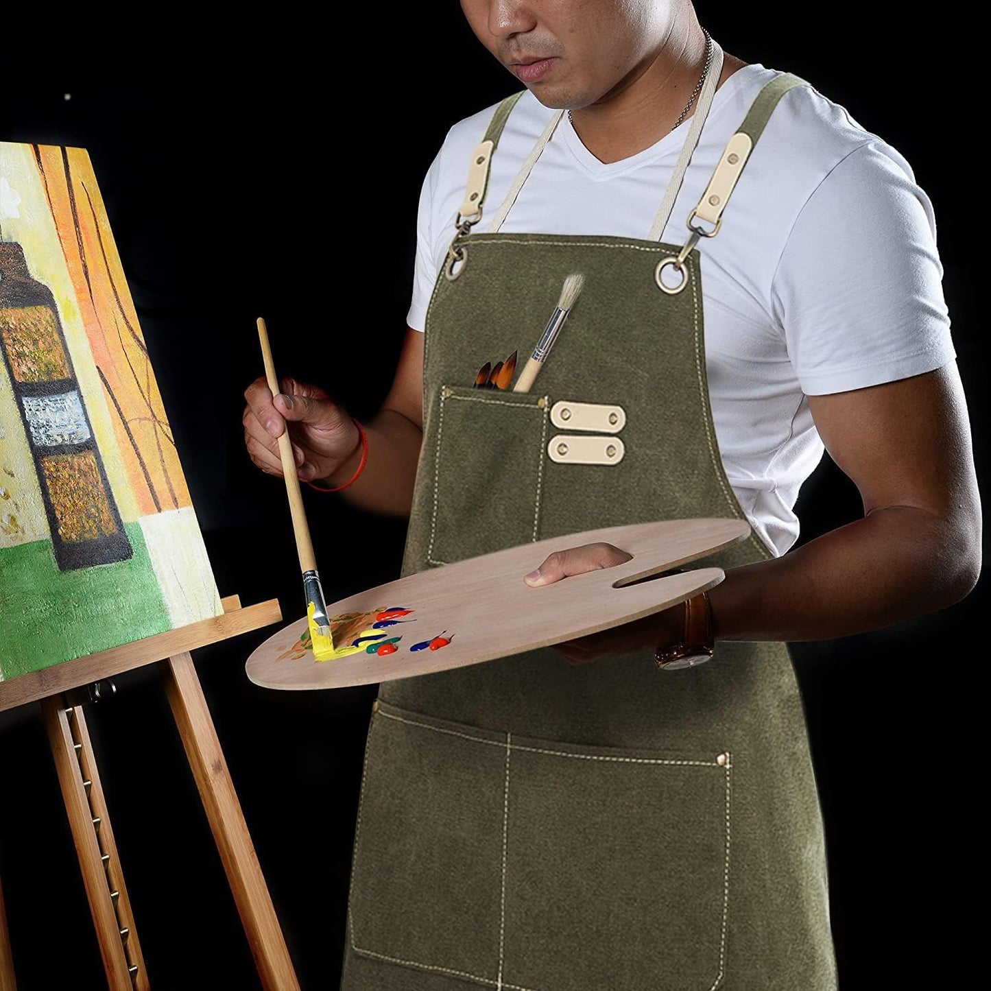 Cotton Canvas Cross Back Apron for Art Painting Garden Chef Bartender Work,Women Men 3 Pockets Waterproof Adjustable M-XXL
